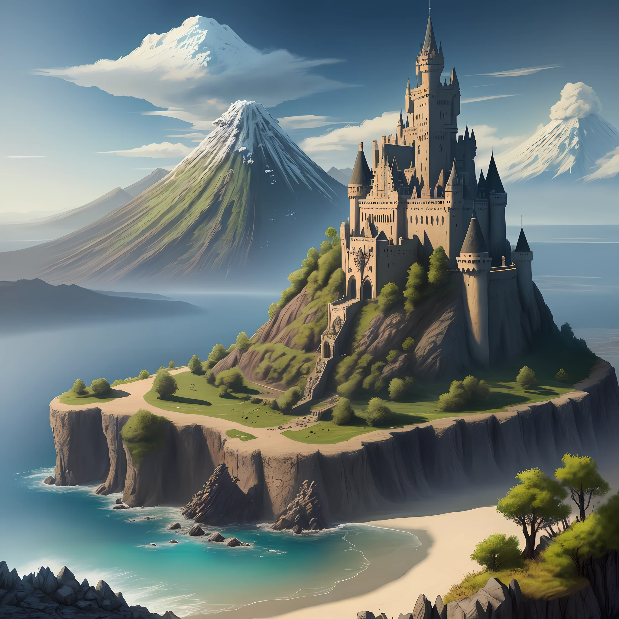 Drawing, fantasy, realism, high detail, wasteland, castle, rocks, volcano, sea, sleeping dragon, 8kk