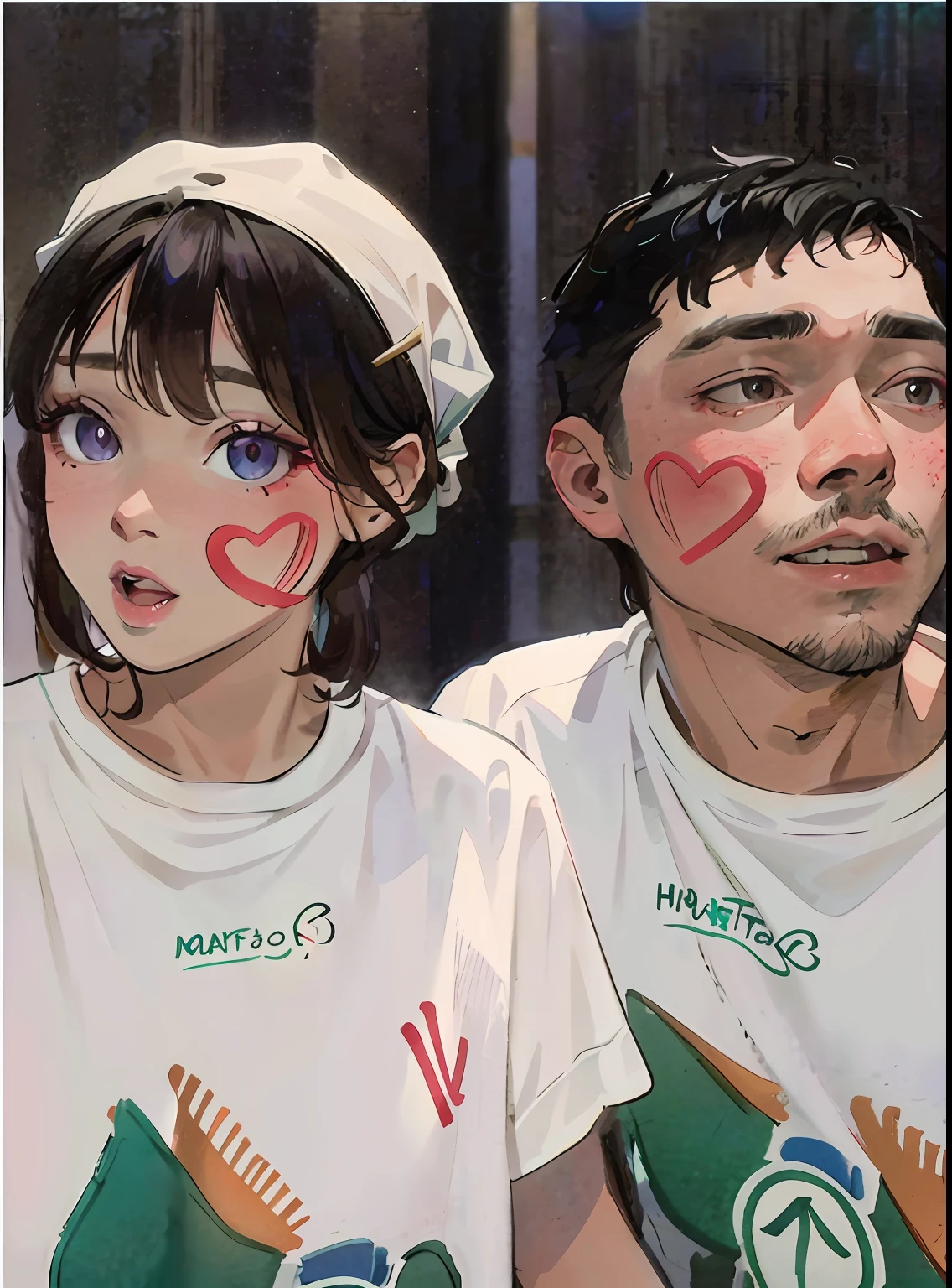 They wore matching shirts, lovely couples, they fell in love, full heart-shaped faces, 💕 💔 💕 clear eyes