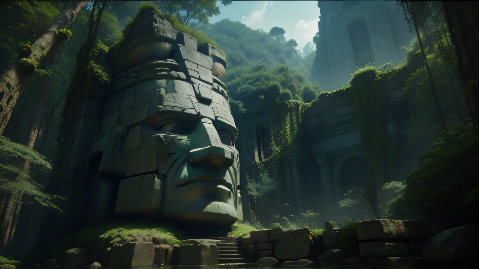 there is a large stone head in the middle of a forest, unreal maya, cinematic imax shot, epic architecture, face shown, ps 3, ruin, huge statues, quetzal, wallpapers, from lorax movie, north hemisphere, inspired by Henry Justice Ford, autodesk, wall