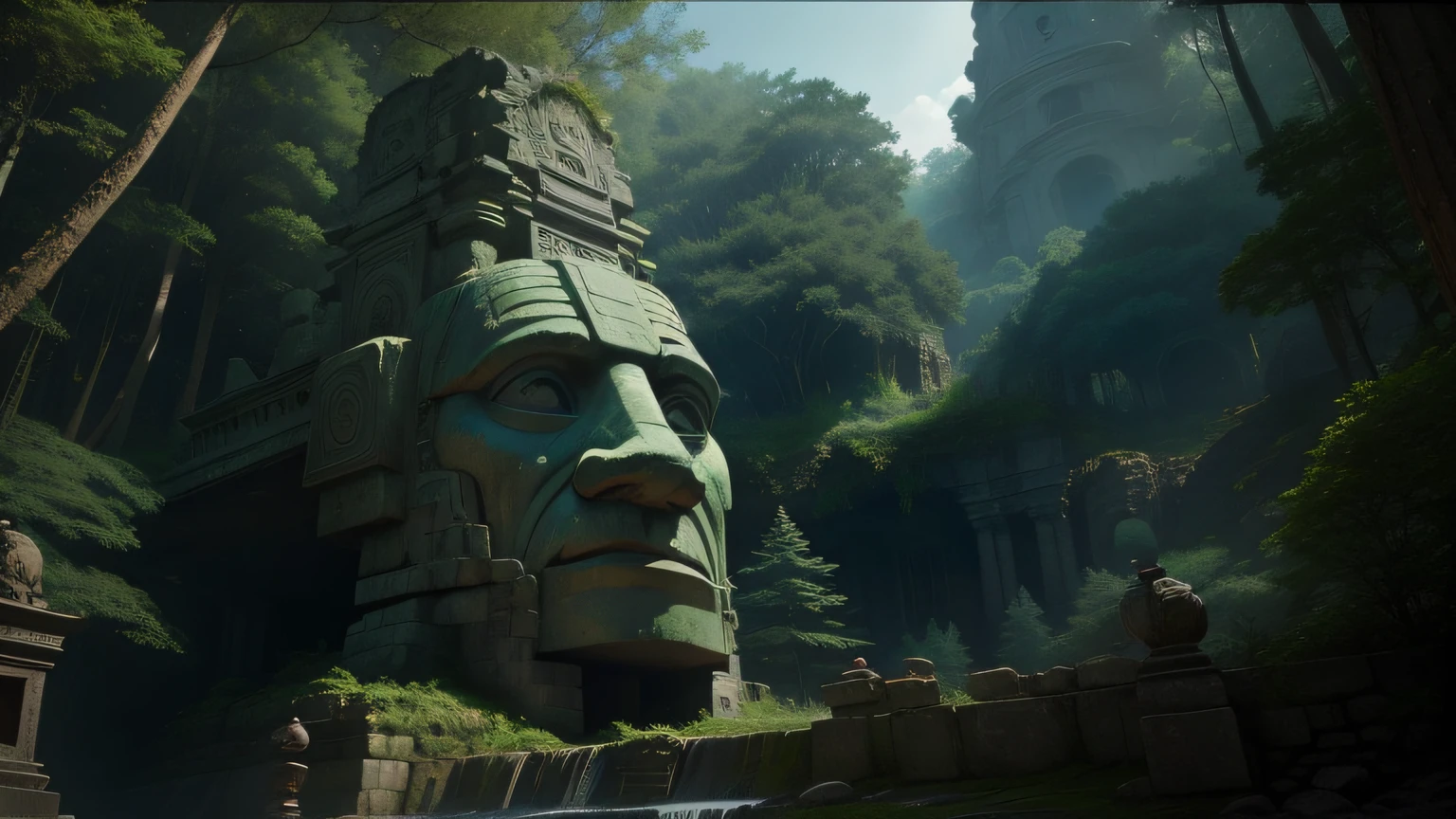 there is a large stone head in the middle of a forest, unreal maya, cinematic imax shot, epic architecture, face shown, ps 3, ruin, huge statues, quetzal, wallpapers, from lorax movie, north hemisphere, inspired by Henry Justice Ford, autodesk, wall