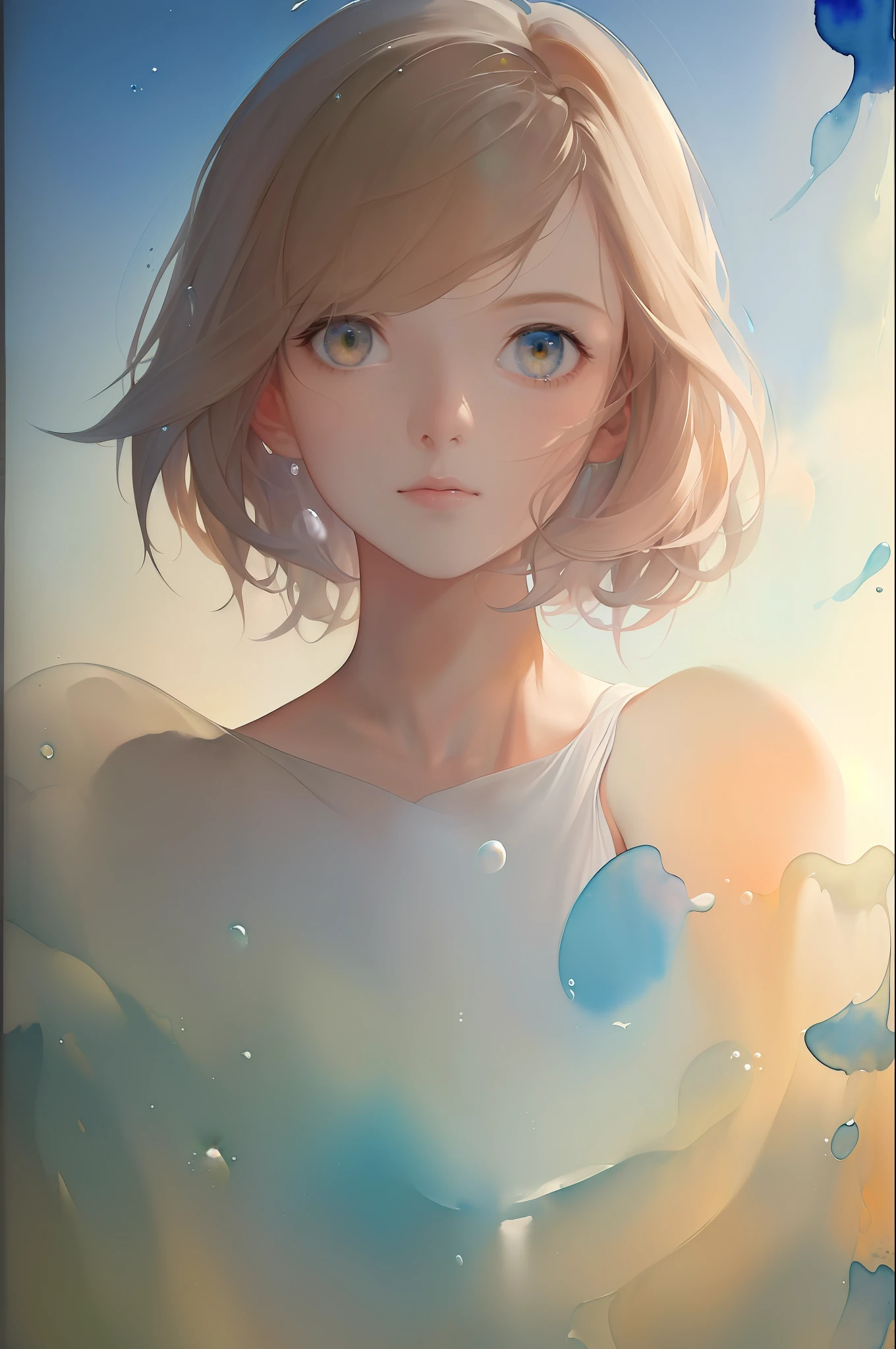(masterpiece:1.1, highres:1.4) , 1 girl, watercolor style, (soft blending:1.2) , fluid colors, dreamy washes, delicate textures, organic shapes, atmospheric depth, bubble, limited color,