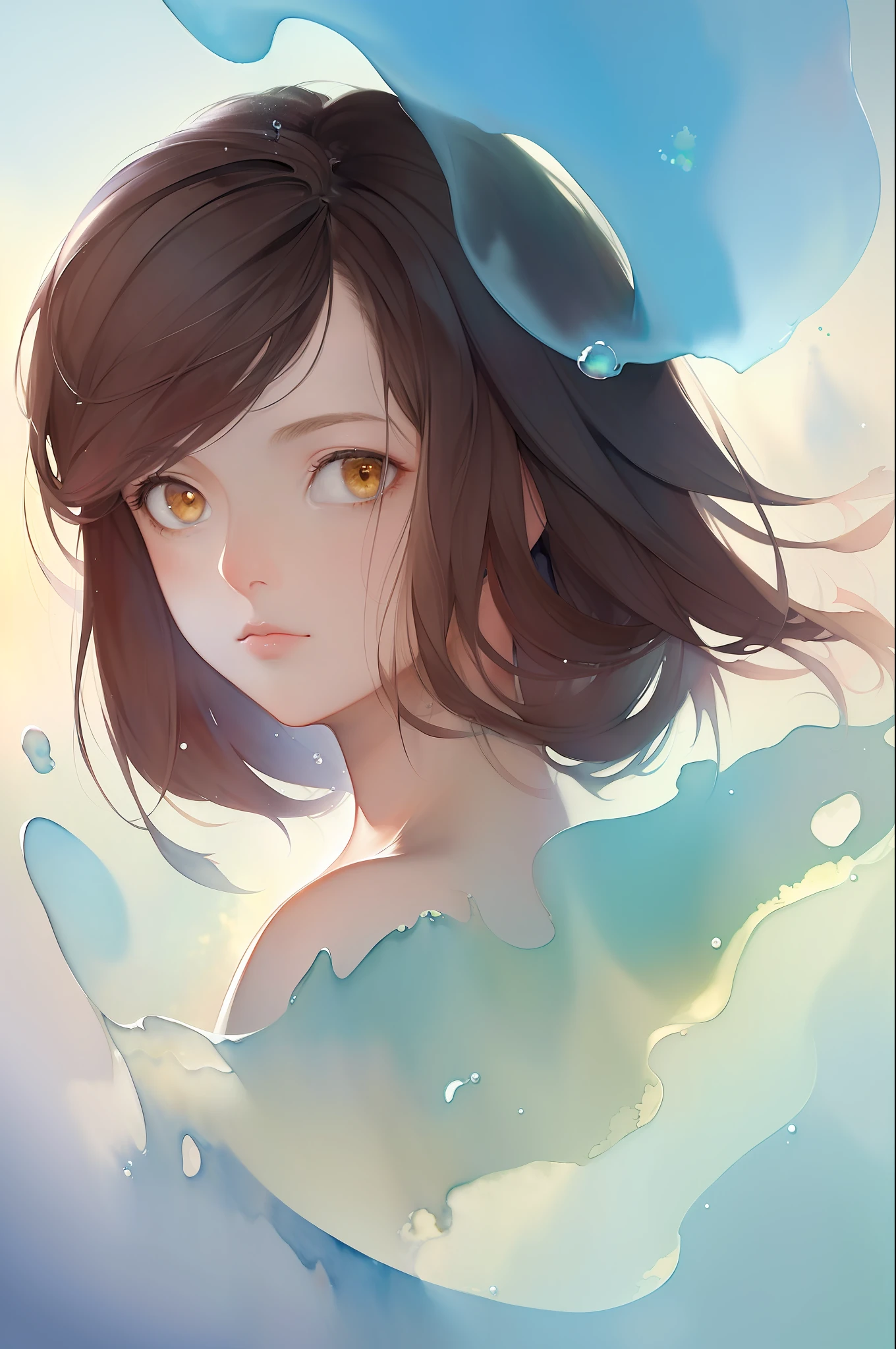 (masterpiece:1.1, highres:1.4) , 1 girl, watercolor style, (soft blending:1.2) , fluid colors, dreamy washes, delicate textures, organic shapes, atmospheric depth, bubble, limited color,