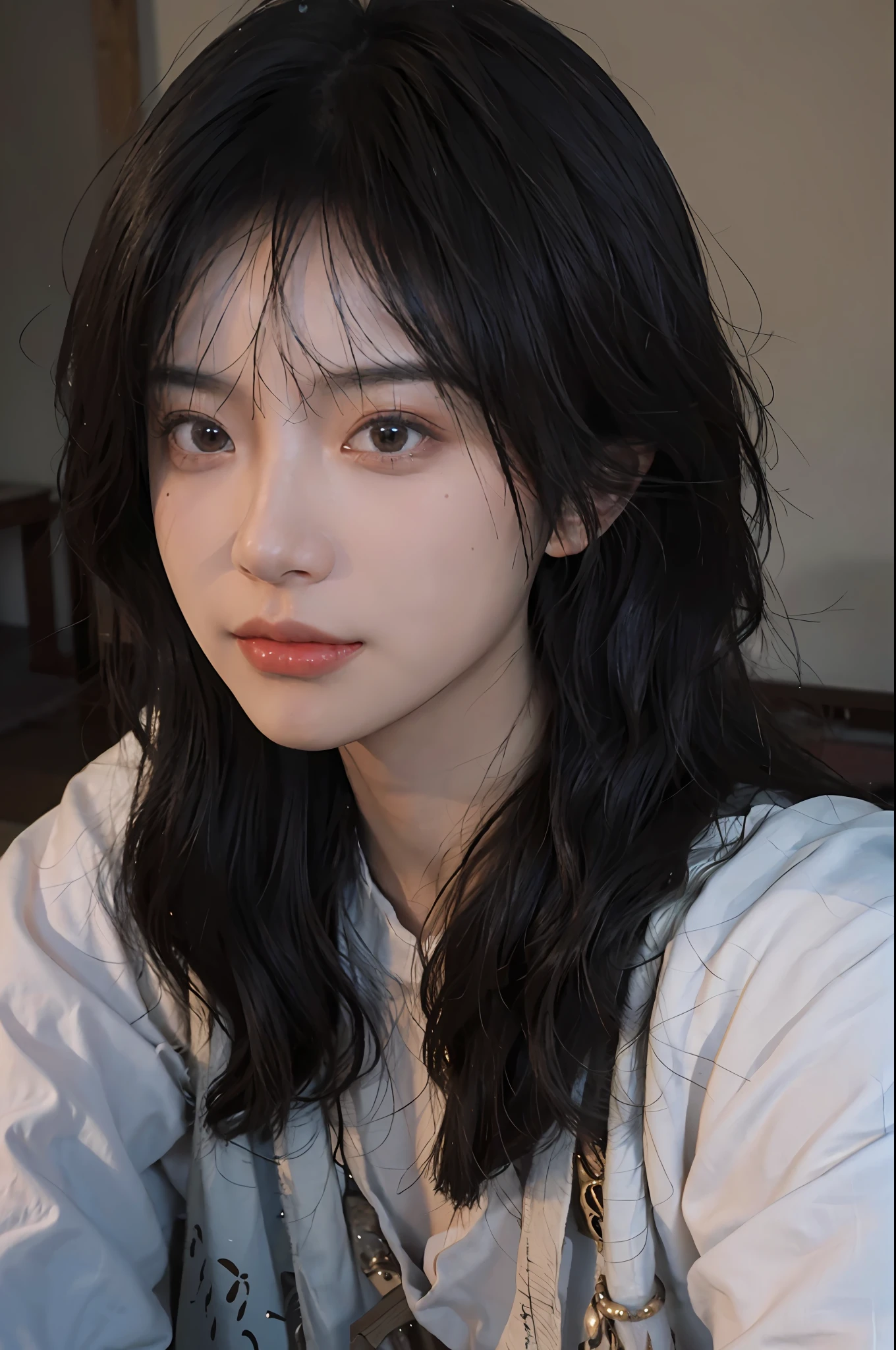 8K, Best Quality, Masterpiece, Ultra High Definition, (Photorealistic: 1.4), Raw Photo, (Real Skin Texture: 1.3), (Film Grain: 1.3), (Selfie Angle), One Girl, Beautiful Detailed Eyes and Face, Masterpiece, Best Quality, Close-up, Upper Body, Japan Idol