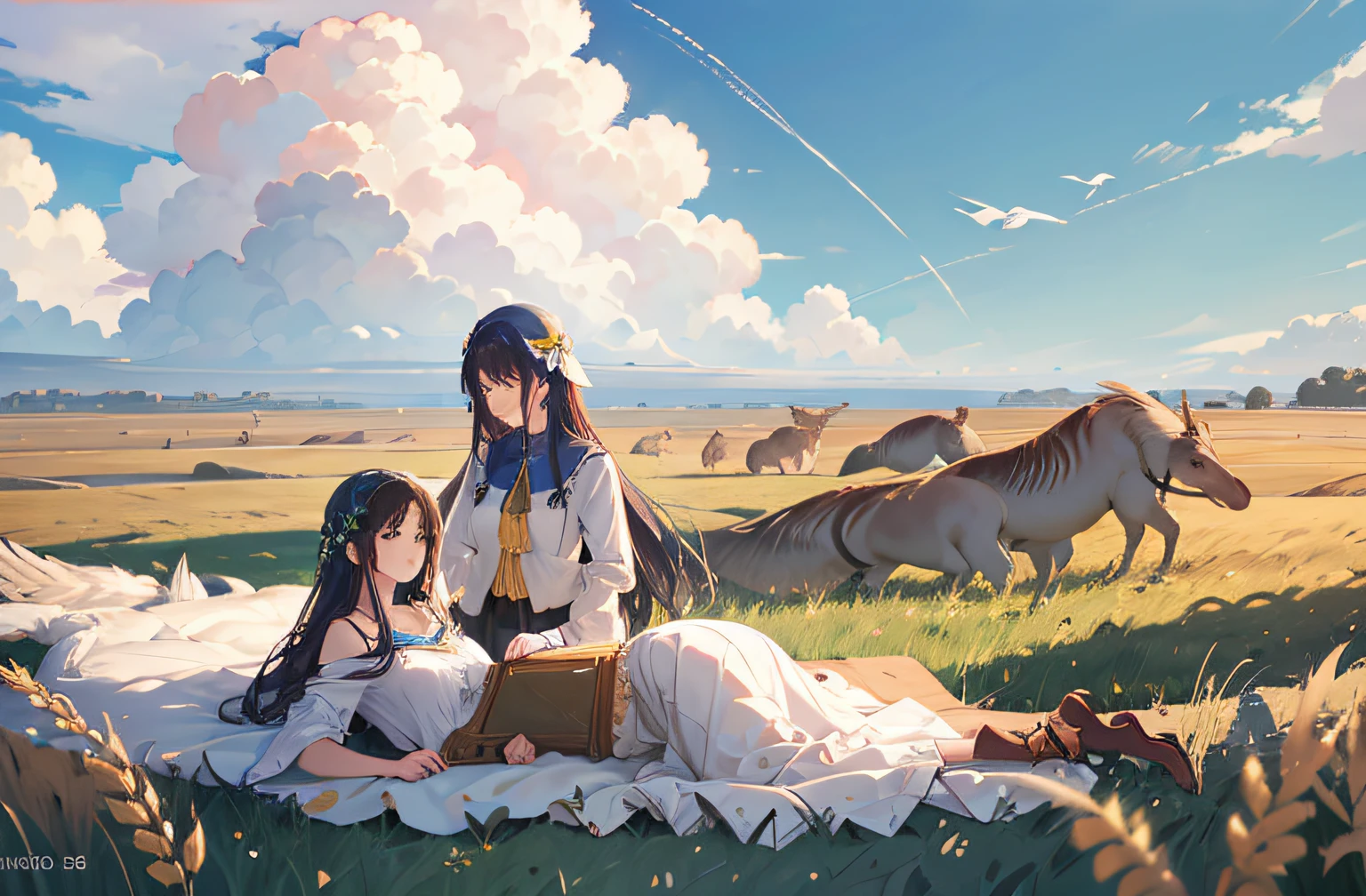 Girls lying in wheat fields, wild geese, blue sky, white clouds clear focus, intricate details, very detailed, , illustration, very detailed, clear focus, digital rendering, professional, 4k --auto --s2