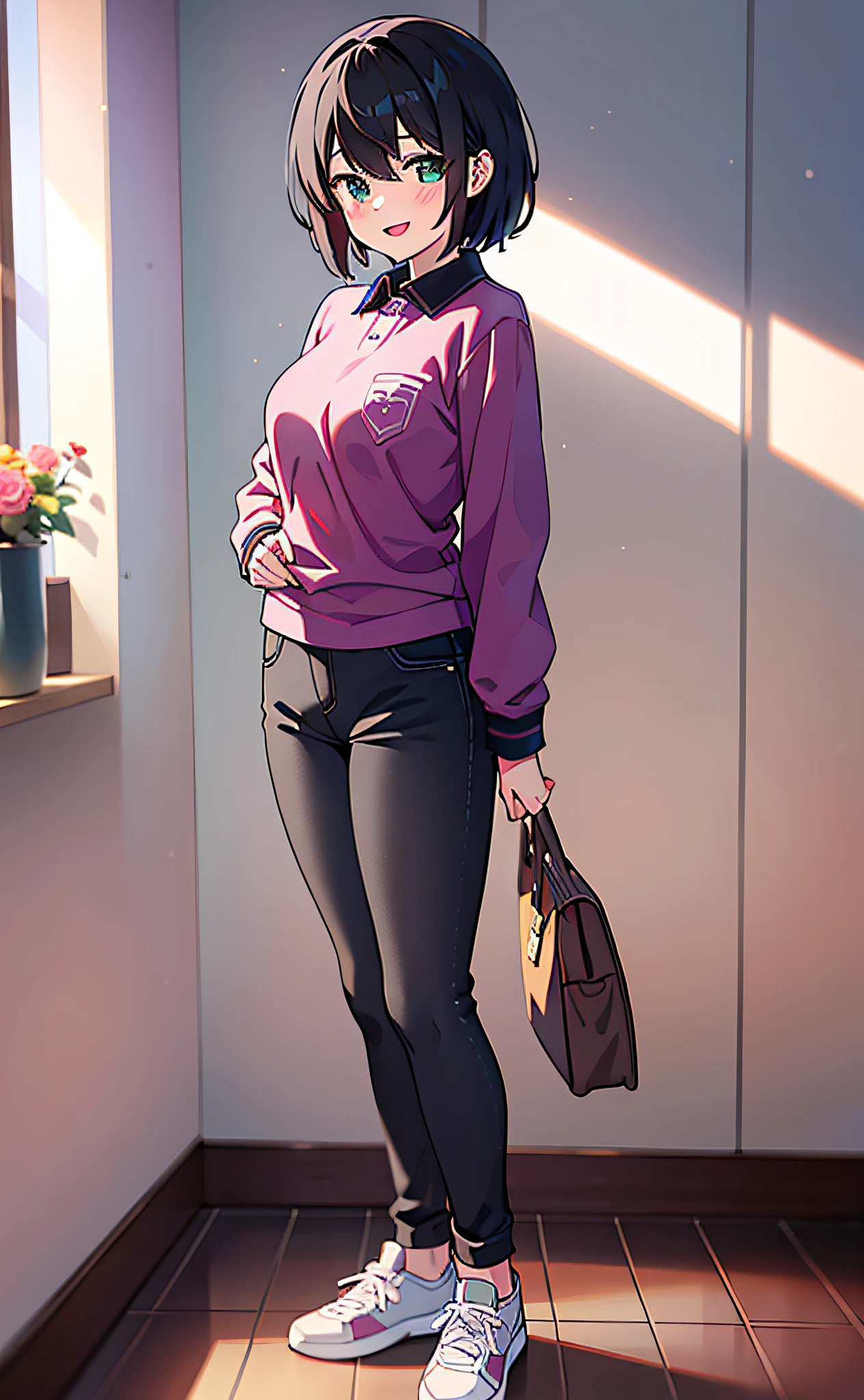 Top Quality, 16K, High Resolution, Anatomically Correct, Super Detail, High Quality, (Pink Side Blade: 1.4), (Odd Eye, Light Blue Eye, Green Eyes: 1.8), (Clothes: Red Polo Shirt and Black Long Sleeve Undershirt, Pink Bra), Swaying Big, Hurray, Black 7-Part Pants, :d, Lipstick, Cheeks, Eyeshadow, (Cute A: 1.8), breast pocket, black sneakers, large multi-purpose room, hair, flowers, cowboy shots, standing, full body image,