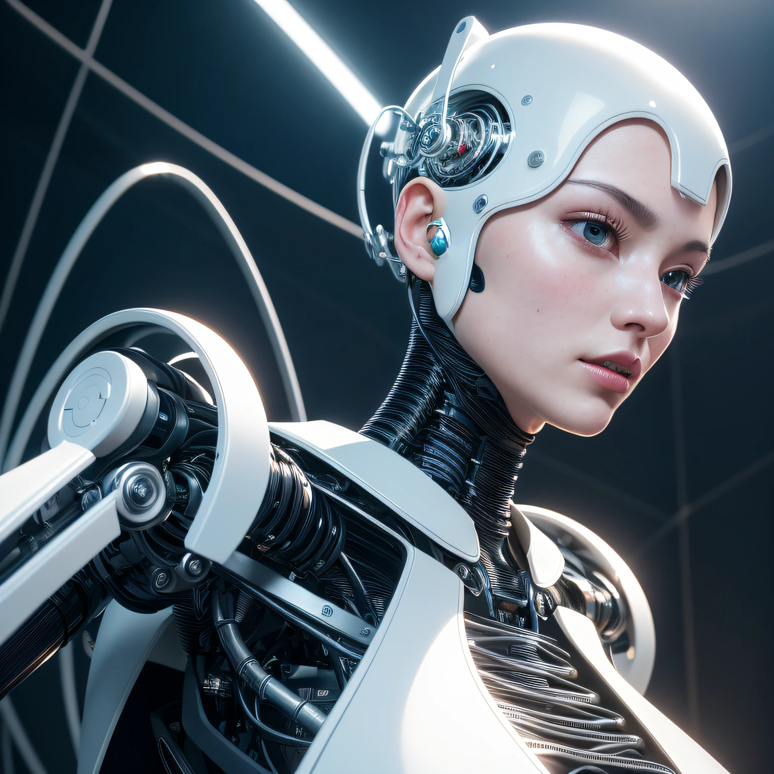 complex 3d render ultra detailed of a beautiful porcelain profile woman android face, cyborg, , full body,robotic parts, 70 mm, beautiful studio soft light, rim light, vibrant details, luxurious cyberpunk, lace, hyperrealistic, anatomical, facial muscles, cable electric wires, microchip, elegant, beautiful background, octane render, H. R. Giger style, 8k, best quality, masterpiece, illustration, an extremely delicate and beautiful, extremely detailed ,CG ,unity ,wallpaper, (realistic, photo-realistic:1.37),Amazing, finely detail, masterpiece,best quality,official art, extremely detailed CG unity 8k wallpaper, absurdres, incredibly absurdres, robot, silver halmet, sitting.,