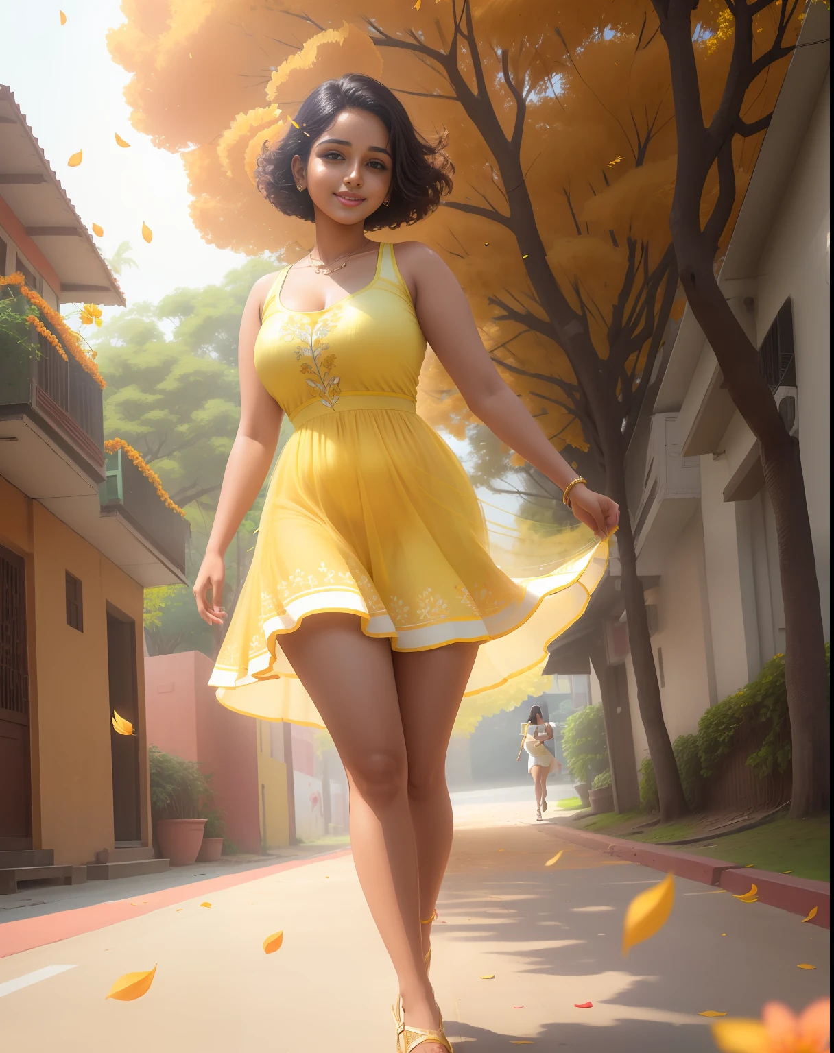 Alluring ravishing sexy urban girl Anupriya, cute smile, light yellow short dress, huge gulmohar  blossom, walking on tree lined street, flowing short hair, falling flower petals in breeze, sunshine, (stunning beautiful face:1.3), masterpiece, super detailed, epic composition, high quality, highest quality, 4k --v 6