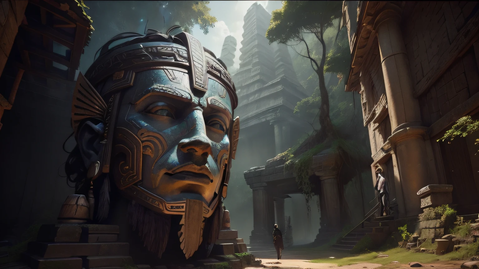 there is a large wooden statue in the middle of a narrow path, cinematic still in adam | unity, portrait of apex legends, jungle background with ruins, mayan god, giant tomb structures, 4k resolution very detailed, cascade helmet, inspired by Henri-Julien Dumont, angkor, video game still