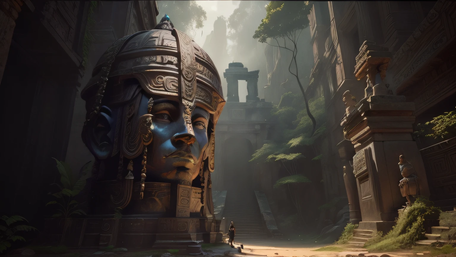 there is a large wooden statue in the middle of a narrow path, cinematic still in adam | unity, portrait of apex legends, jungle background with ruins, mayan god, giant tomb structures, 4k resolution very detailed, cascade helmet, inspired by Henri-Julien Dumont, angkor, video game still