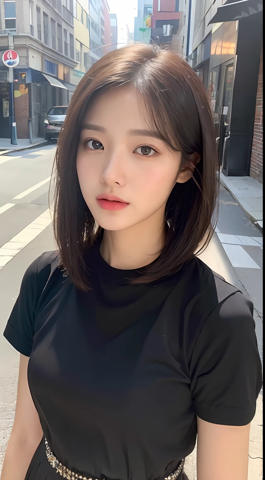 ((Best Quality, 8K, Masterpiece: 1.3)), (Short Sleeves, Skirt: 1.3), Focus: 1.2, Perfect Body Beauty: 1.4, Buttocks: 1.2, (Layered Haircut: 1.2)), (Dark Street: 1.3), Highly detailed face and skin texture, Fine eyes, Double eyelids, whitening skin, long hair, (round face: 1.5),