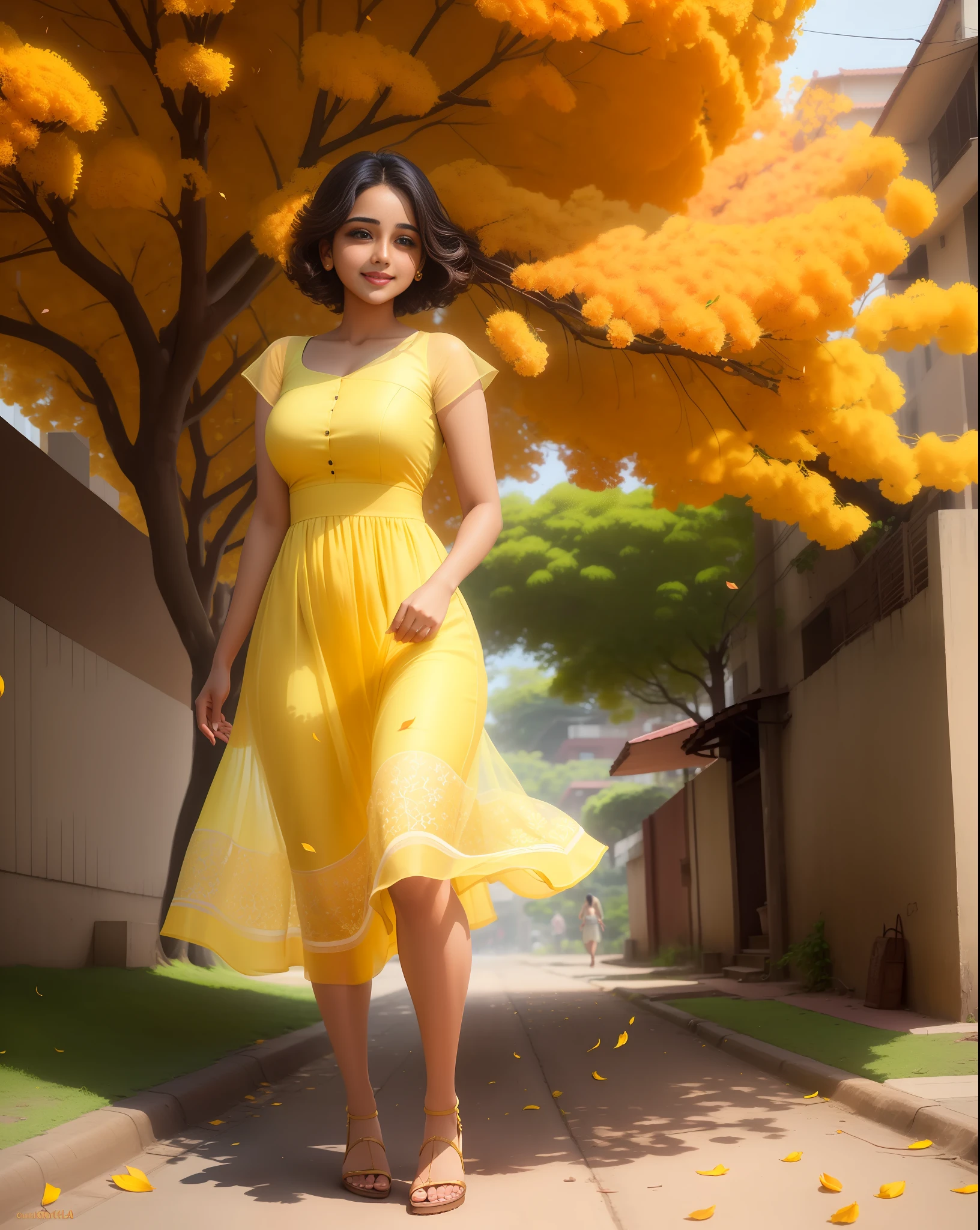 Alluring ravishing sexy urban girl Anupriya, cute smile, light yellow dress, huge gulmohar  blossom, walking on tree lined street, flowing short hair, falling flower petals in breeze, sunshine, (stunning beautiful face:1.3), (masterpiece photography), super detailed, epic composition, high quality, highest quality, 4k --v 6