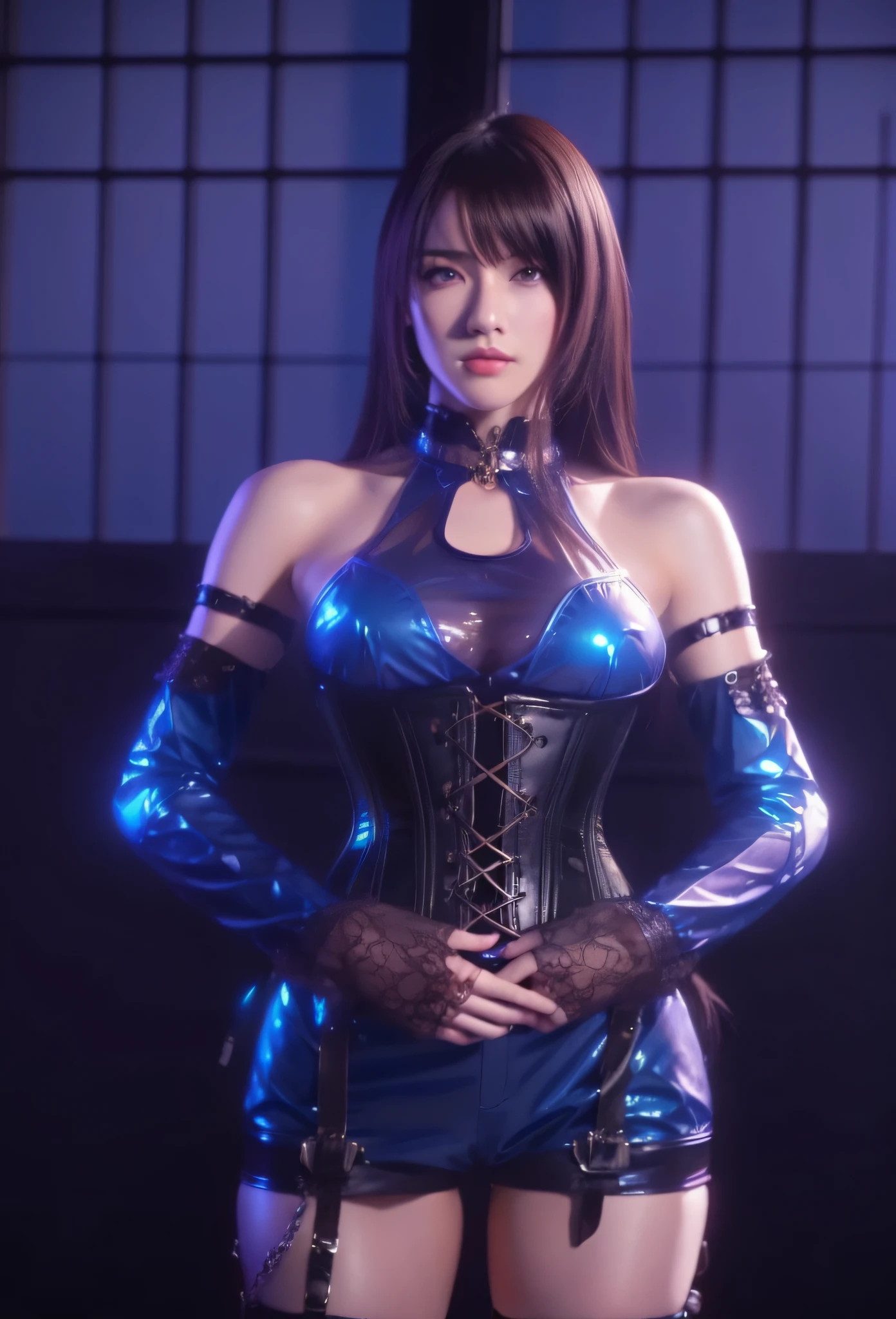 a woman in a corset and leather outfit standing in front of a window, intricate outfit, wearing shiny breastplate, cinematic goddess body shot, intricate ornate anime cgi style, inspired by Leng Mei, costume with blue accents, v from devil may cry as an elf, blue scales covering her chest, cinematic full character, artgerm ; 3d unreal engine, (masterpiece:1.4), (8k, photorealistic, RAW photo, best quality: 1.4), japanese, beautiful face, (realistic face:1.4), (high detailed hair:1.3), beautiful hairstyle, realistic eyes, beautiful detailed eyes, (realistic skin:1.3), beautiful skin, attractive, ultra high res, ultra realistic, highly detailed, golden ratio, (detailed face:1.4), (realistic medium breasts:1.4), (braless:1.4), perky_nipples, see-through outfit, transparent outfit, (nsfw:1.2)