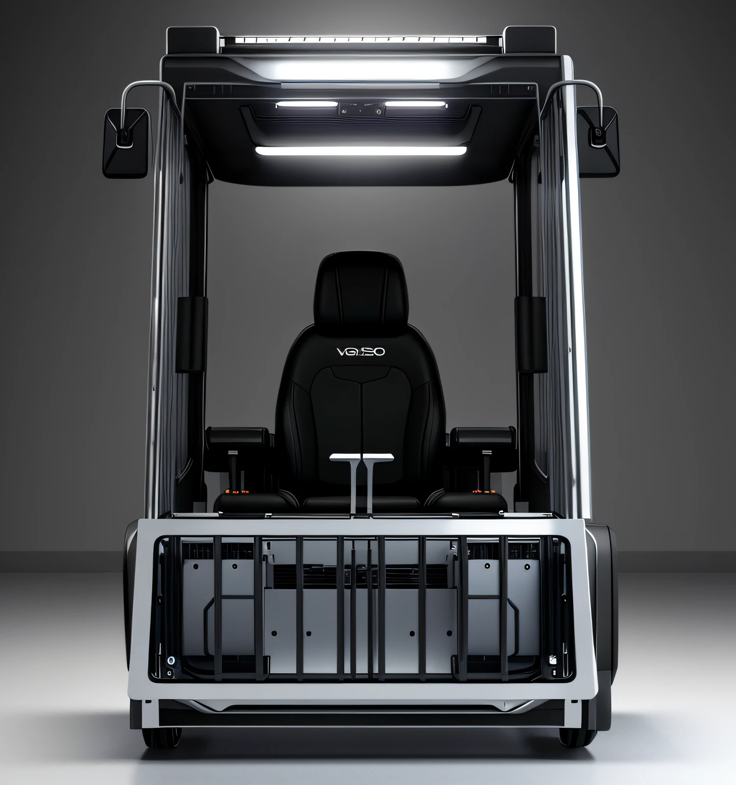 Black grey forklift cab close-up with leather seats, industrial design concept product, behance style, minimalism, realistic rendering, white background, front protective net, black plastic shell with, front facing glass window, high resolution rendering, industrial design concept, 2 0 1 8, front view, 2018, cockpit, high resolution scanning, high resolution scanning