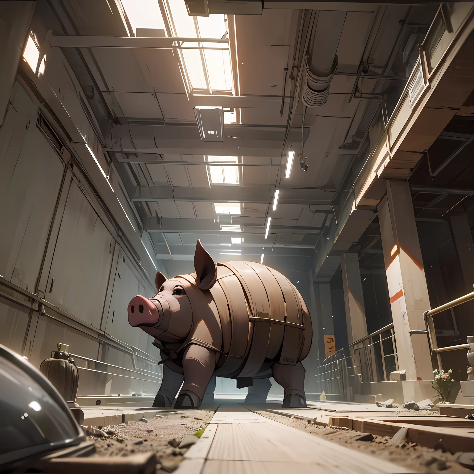 /imagine prompt: sculpture of A pig drives a Wooden Dummy stake in the underground parking lot ,pig::10, low angle::6, Wooden Dummy::4, Underground parking lot::9, S-shaped composition::5, Bottom view::10, realistic 3D::15, Dramatic light::14, beautiful lighting::11, Dramatic::16, 8K Resolution::10, Space station::10, fIm photography::10, Postmodern Photography, Antique::8 --seed 485255 --s 100 --q 2 --c 3 --v 5.1 --auto --s2