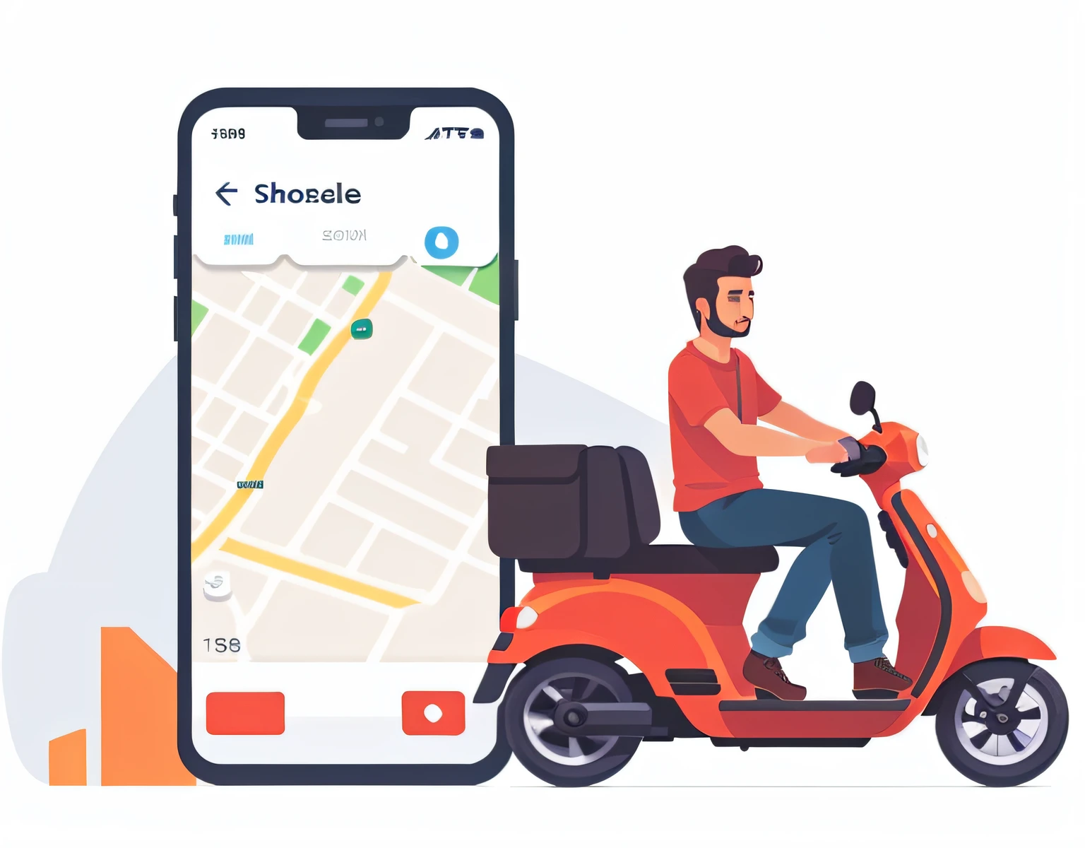 a man riding a scooter next to a phone with a map on it, simple illustration, simple and clean illustration, avatar for website, ilustration, instagram post, illustration detailed, instagram picture, ride on time, detailed 2d illustration, commercial illustration, digitally drawn, accurate depiction