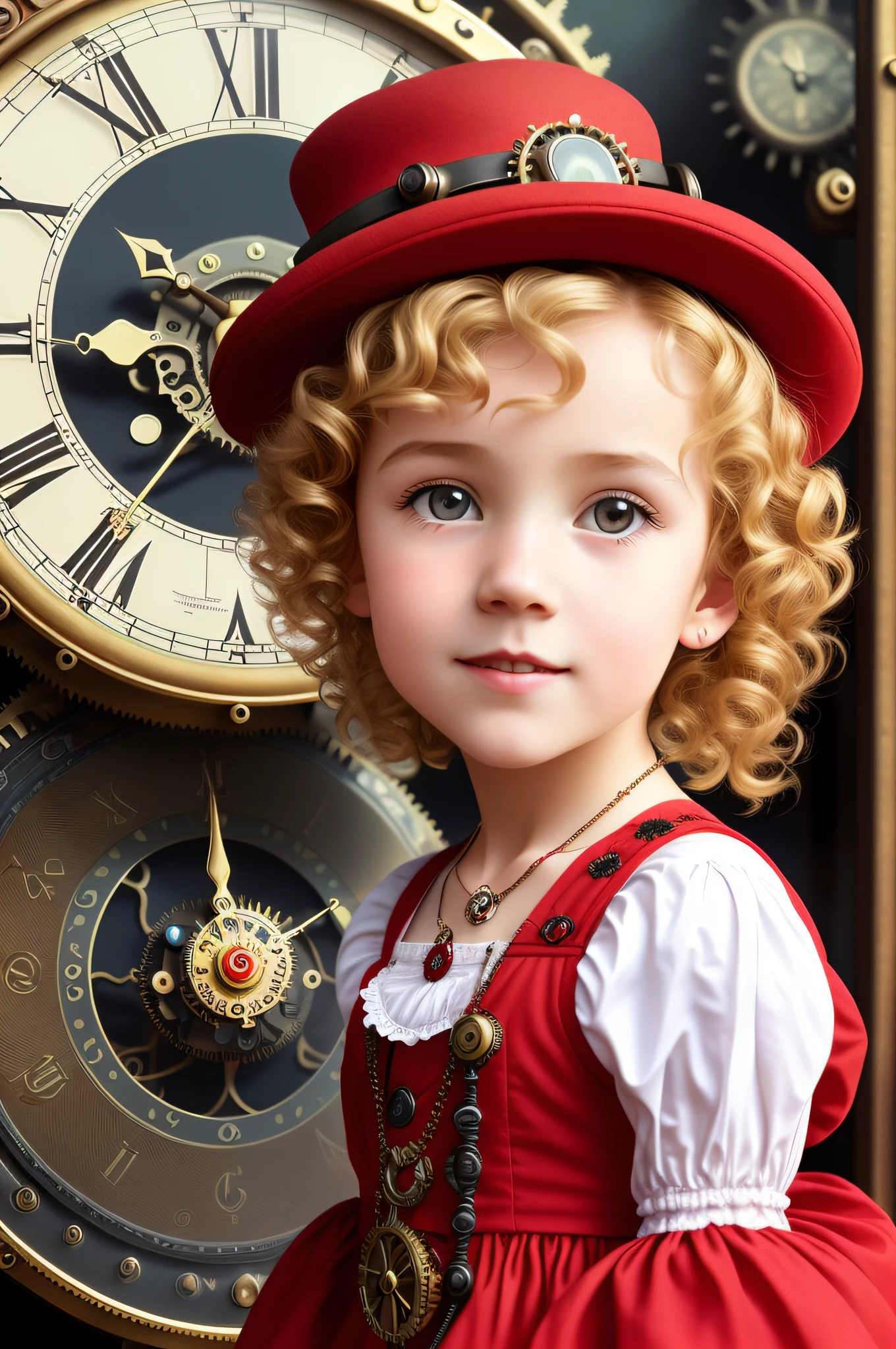 close-up, short blonde curly hair girl the little red hat, clock on necklace, (Victorian era), ((steampunk)), cinematography, worked, elegant, meticulous, magnificent, maximum detail, extremely hyper-aesthetic, intricately detailed, lots of gears, old town background