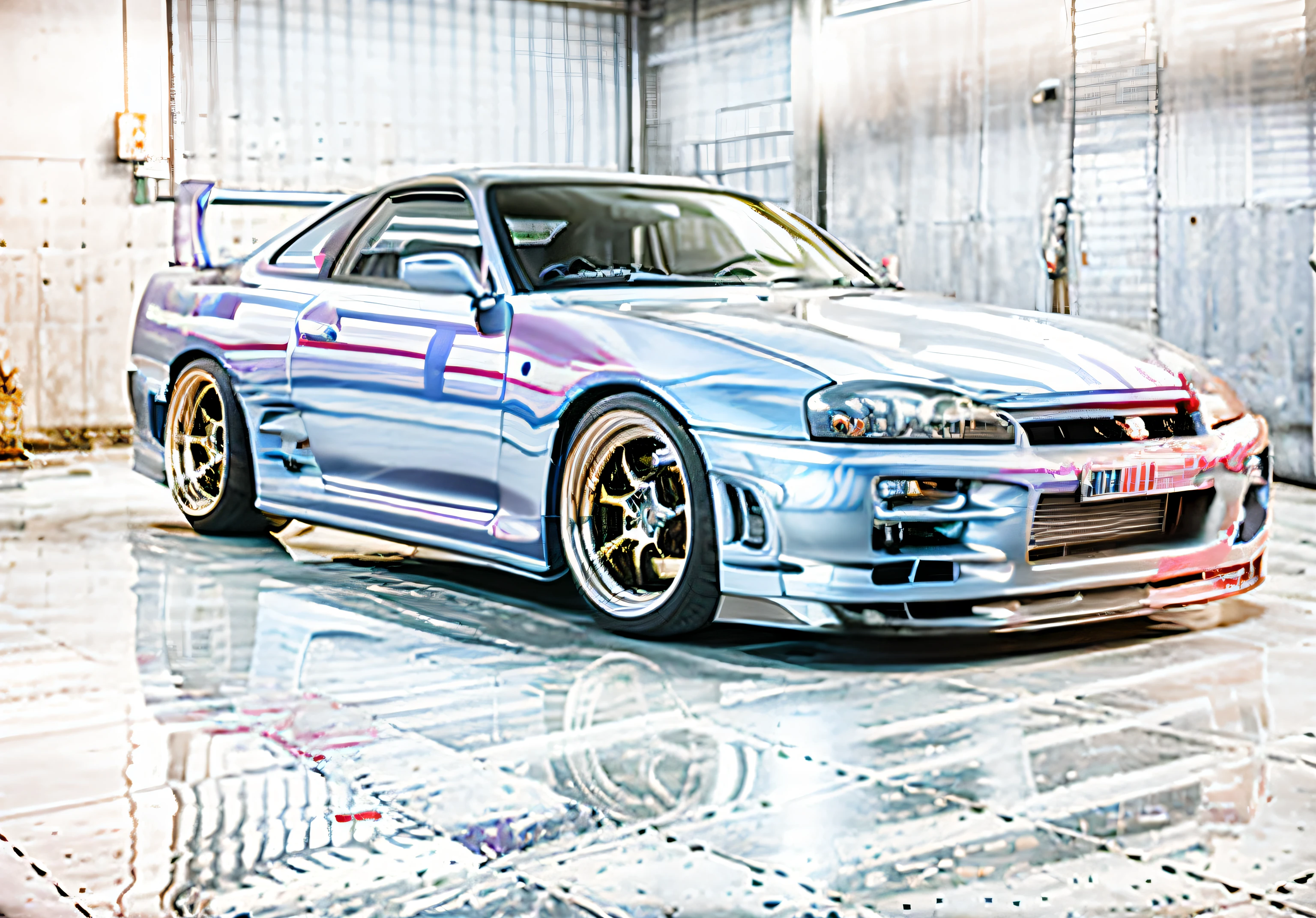 arafed car in a garage with a shiny floor and a shiny floor, cobbled together nissan r34 gtr, in a modified nissan skyline r34, nissan gtr r 3 4, car with holographic paint, jdm, japanese drift car, gtr xu1, wide body, automotive photography, inspiring, tunning, portrait n - 9, fine tuned