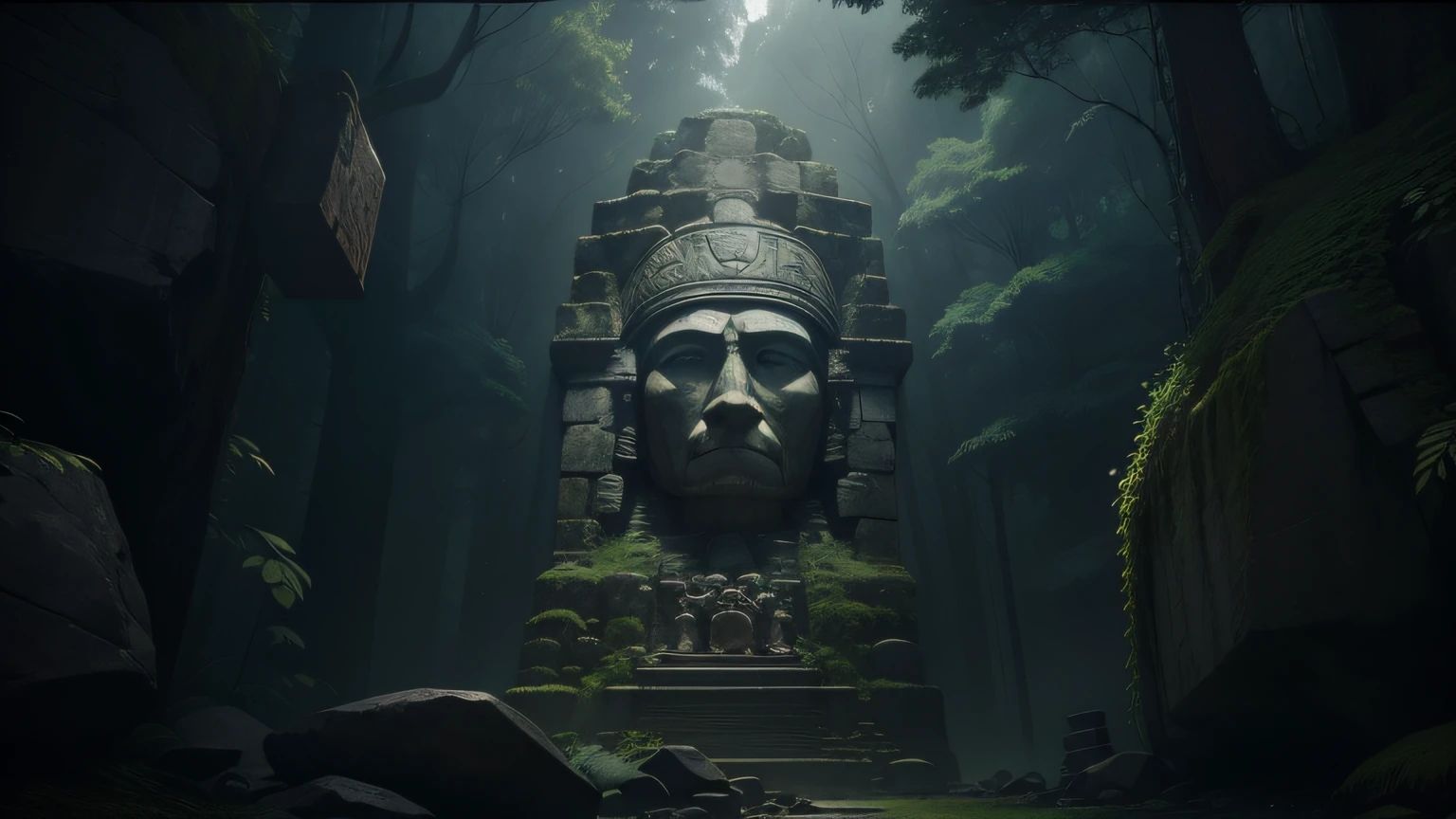there is a large stone head in the middle of a forest, unreal maya, cinematic imax shot, epic architecture, face shown, ps 3, ruin, huge statues, quetzal, wallpapers, from lorax movie, north hemisphere, inspired by Henry Justice Ford, autodesk, wall