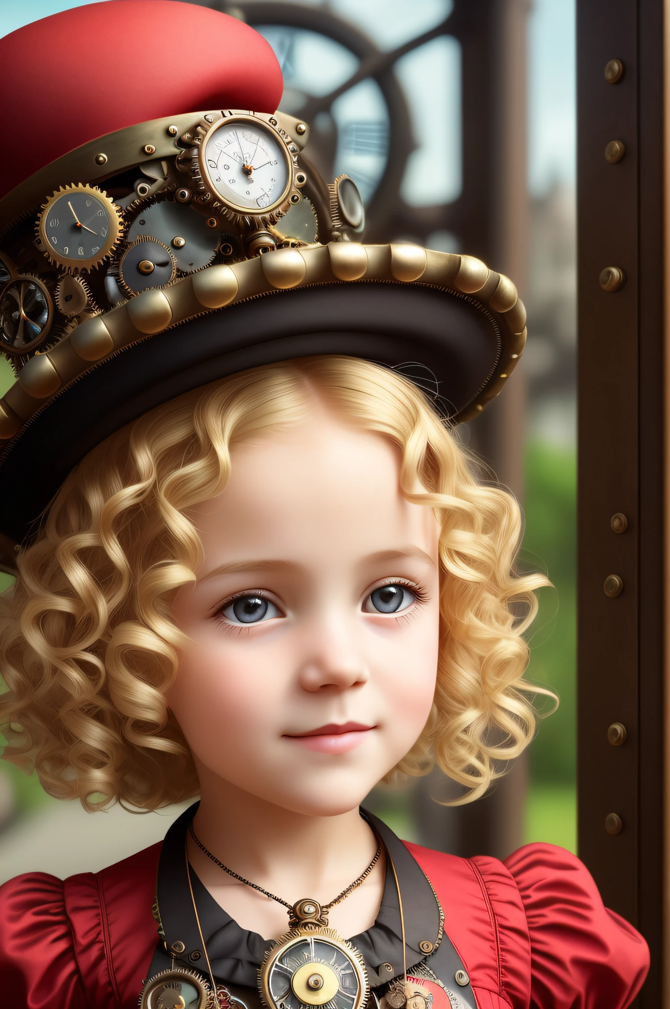 close-up, short blonde curly hair girl the little red hat, clock on necklace, (Victorian era), ((steampunk)), cinematography, worked, elegant, meticulous, magnificent, maximum detail, extremely hyper-aesthetic, intricately detailed, lots of gears, old town background