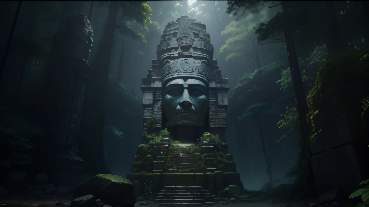 there is a large stone head in the middle of a forest, unreal maya, cinematic imax shot, epic architecture, face shown, ps 3, ruin, huge statues, quetzal, wallpapers, from lorax movie, north hemisphere, inspired by Henry Justice Ford, autodesk, wall