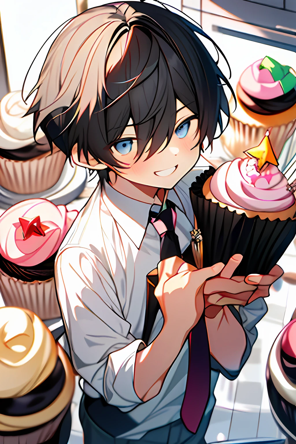 masterpiece, (best quality:1.2), (sketch:0.9), (pale pink tone,flat color:1.2), everything is floating, close up, beautiful detailed face, (2 boys), 10years old, red eyes, ((white hair)), ((very short hair)), messy hair, male face, flat chest, larynx/(boy 1/), 10years old, dark blue eyes, (black hair), ((very short hair)), bangs between eyes, male face, flat chest, larynx/(boy 2/), collared shirt, tie, gray knit vest, navy blue shorts, white socks, brown loafers, smiling softly, floating, (stars), (stars), (stars), (cupcakes), (cupcakes), (cupcakes), flowing whipped cream, kawaii, dream world