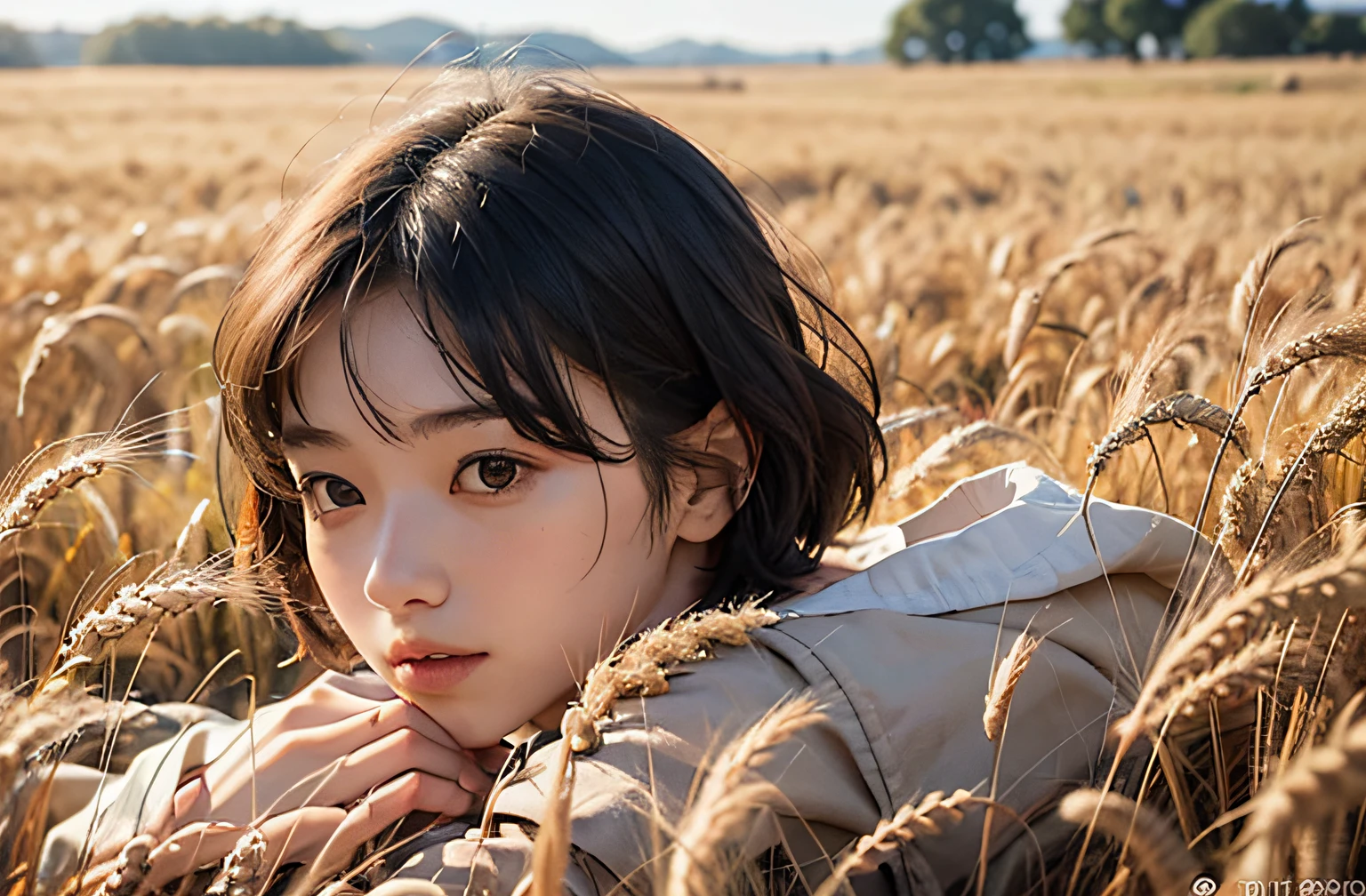 A girl with short hair lies in a wheat field --auto --s2