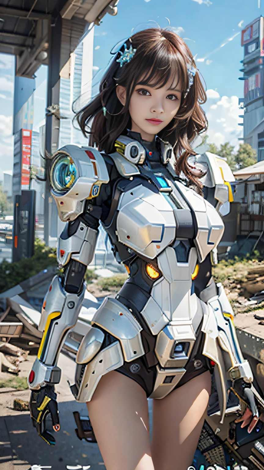 araffed woman in a futuristic suit standing in front of a building, girl in mecha cyber armor, female mecha, mecha suit, perfect anime cyborg woman, beutiful girl cyborg, perfect android girl, mecha human, cute cyborg girl, cyberpunk anime girl mech, cyborg - girl, cyborg girl, anime cyborg, cyber suit, female cyborg