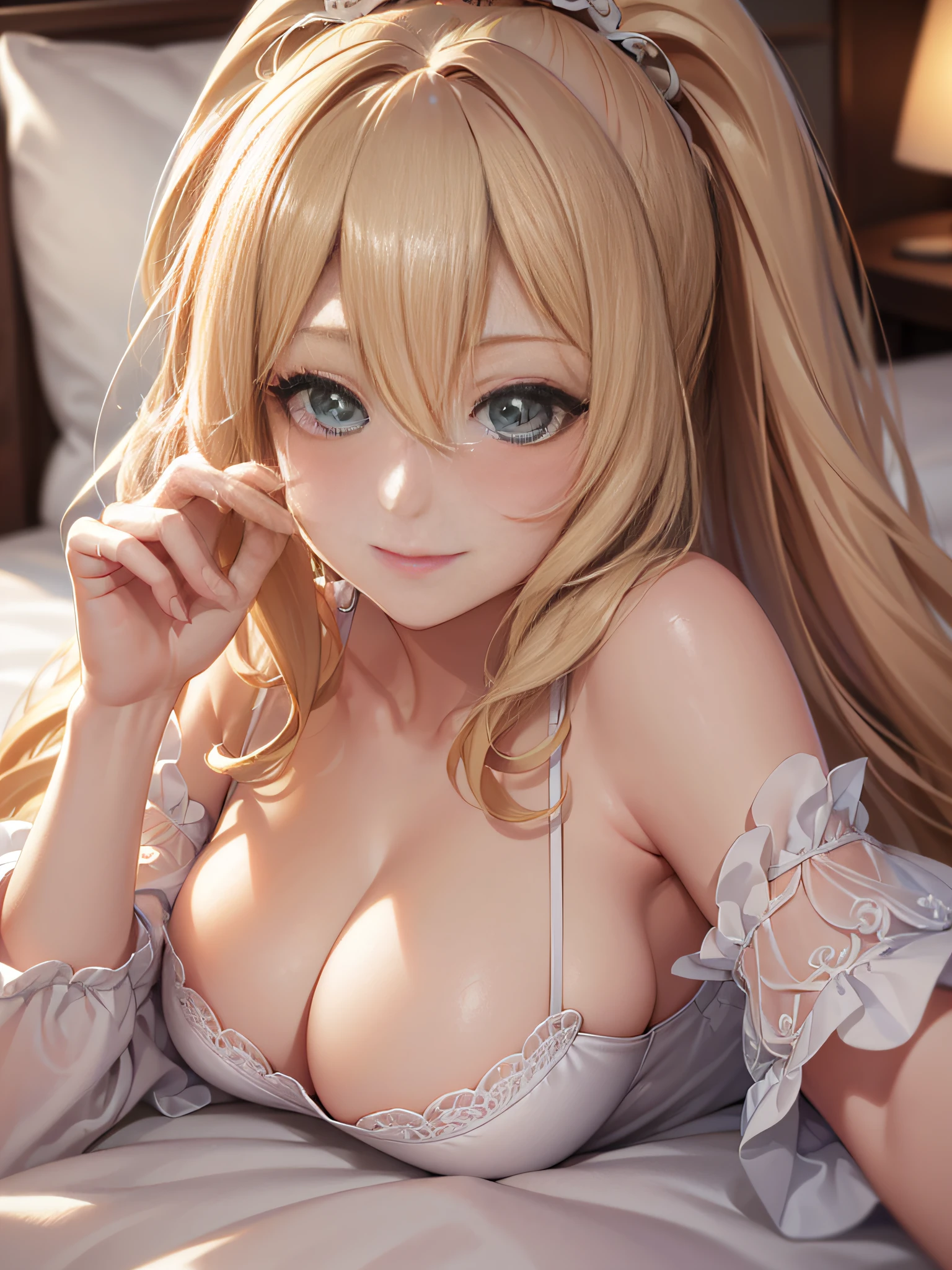 Masterpiece, Best Quality, Official Art, (Highly Detailed CG Unity 8k wallpaper), Detailed background, (Hands by Guido Daniele: 1.1), Feet out of frame, First Person View, 1, Beautiful woman who is attractive and perfect, Lying on bed, Lying on her back on the bed, ((Wake up: 1.14))), (Pajamas, sleepwear, underwear, White thighs: 1.12), (Blonde long-haired (Ahoge: 1.13), (High Ponytail: 1.12), (Green Eyes: 1.13), Look at the Beholder, Big, (cleavage), Beautiful Face, (Blush: 1.11), (Smile: 1.11)