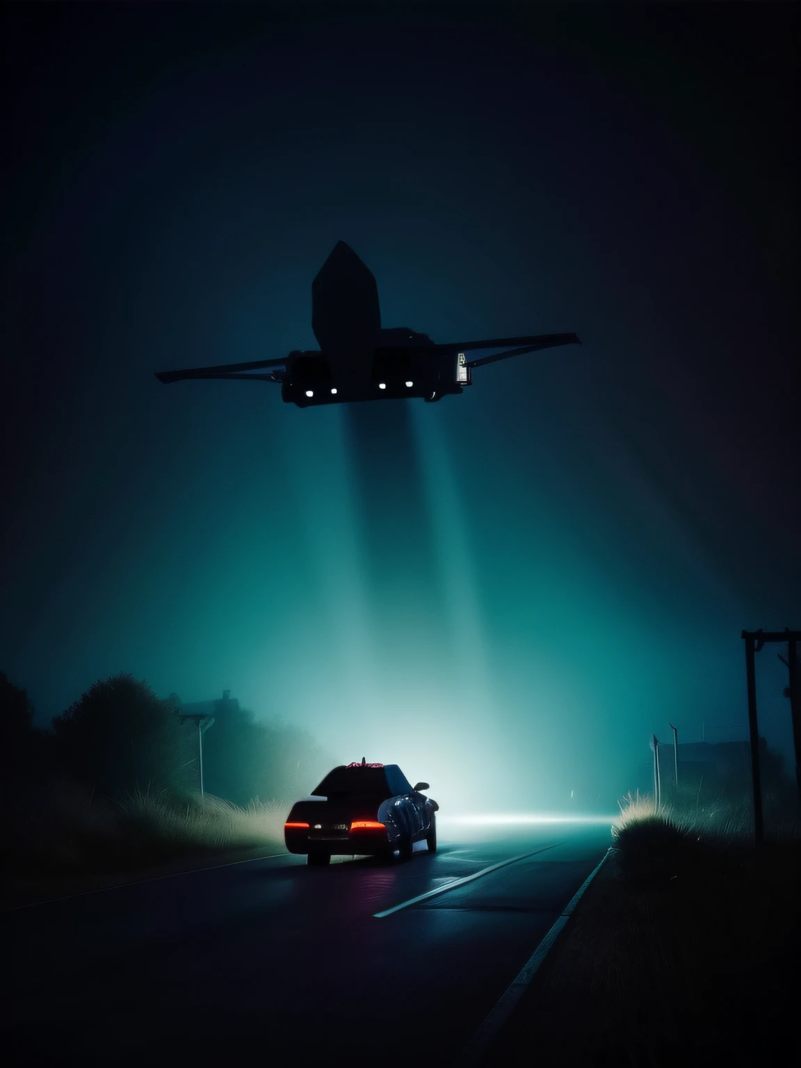 An alien ship flying over an empty and dark road, the dark side of the road, strange ship silhouette, sinister suspense aesthetic!!!!, dark strange photograph, dark strange photo
