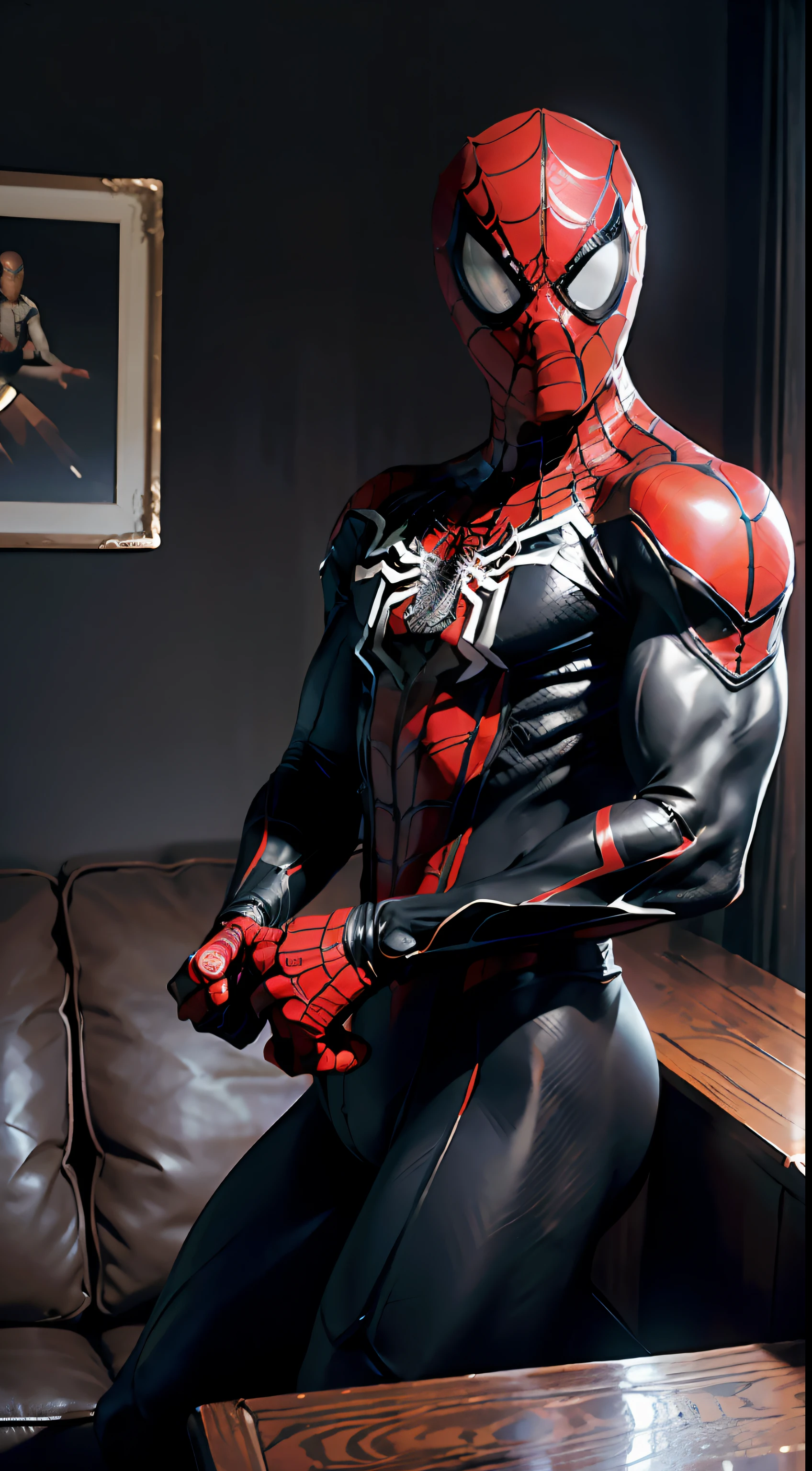 (Extreme Detail CG Unity 8K wallpaper, masterpiece, highest quality), (exquisite lighting and shadow, highly dramatic picture, cinematic lens effect), a man in a black and red Spider-Man costume wearing a Spider-Man mask, from the Spider-Man parallel universe, Miguel O'Hara, Spider-Man 2099, Marvel, Spider-Man, sitting on the couch, dynamic pose), (excellent detail, outstanding lighting, wide angle), (excellent rendering, enough to stand out in its class), The focus is on the white Spider-Man costume, complex spider textures