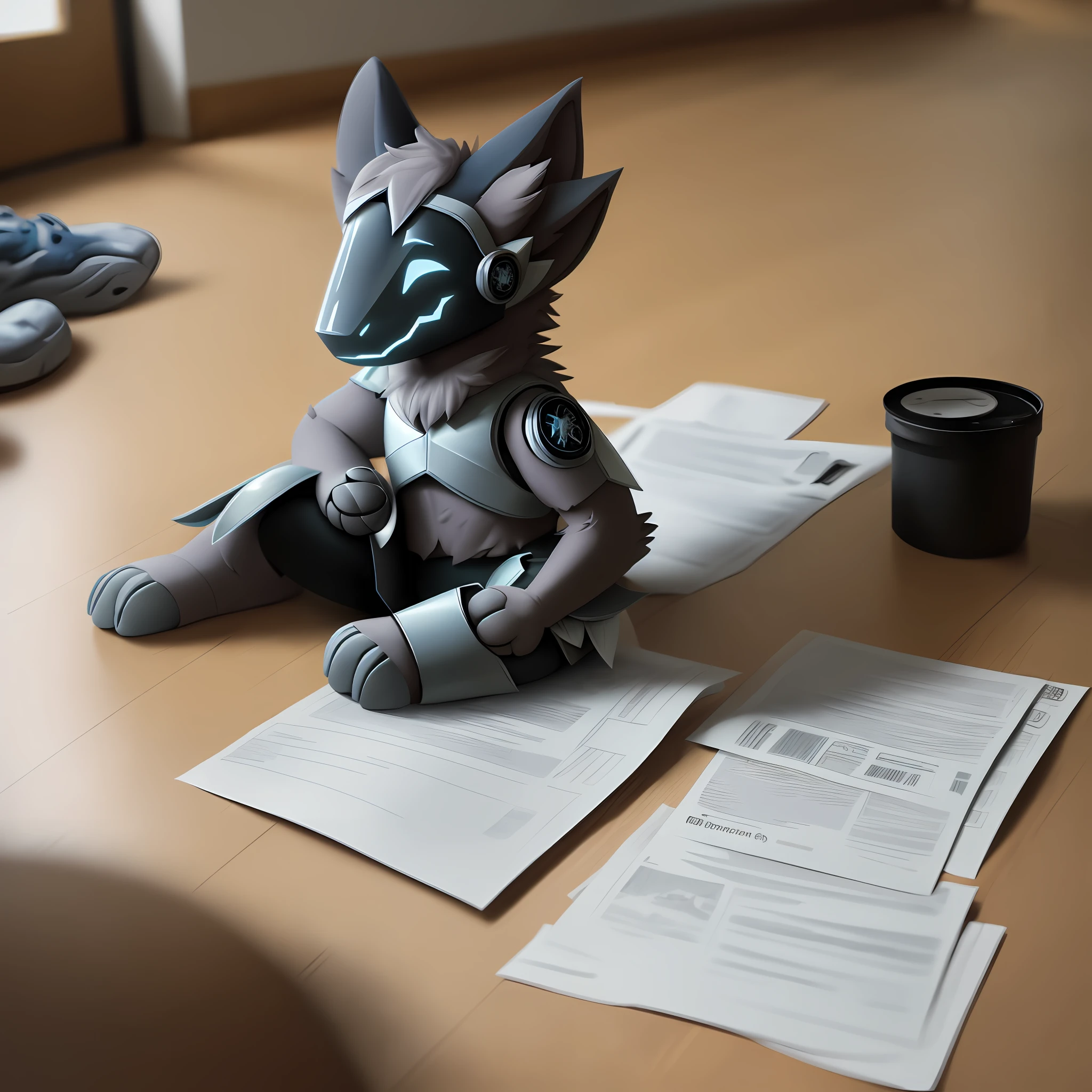 Random papers on the floor with a protogen looking at them