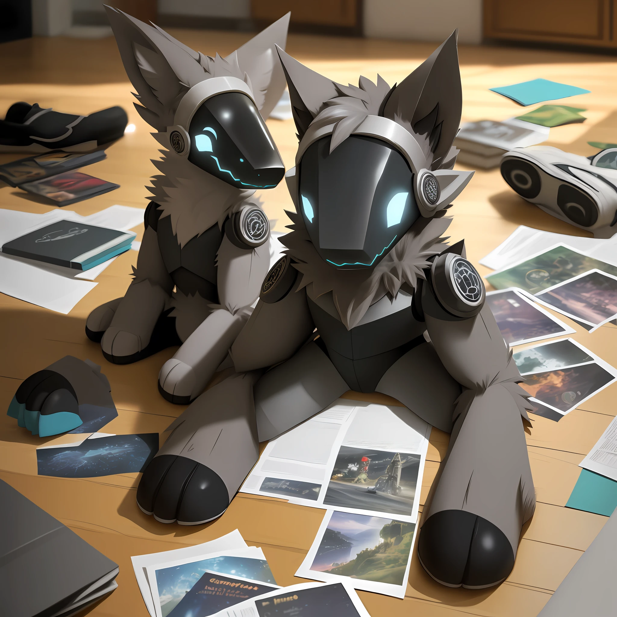 Random papers on the floor with a protogen looking at them