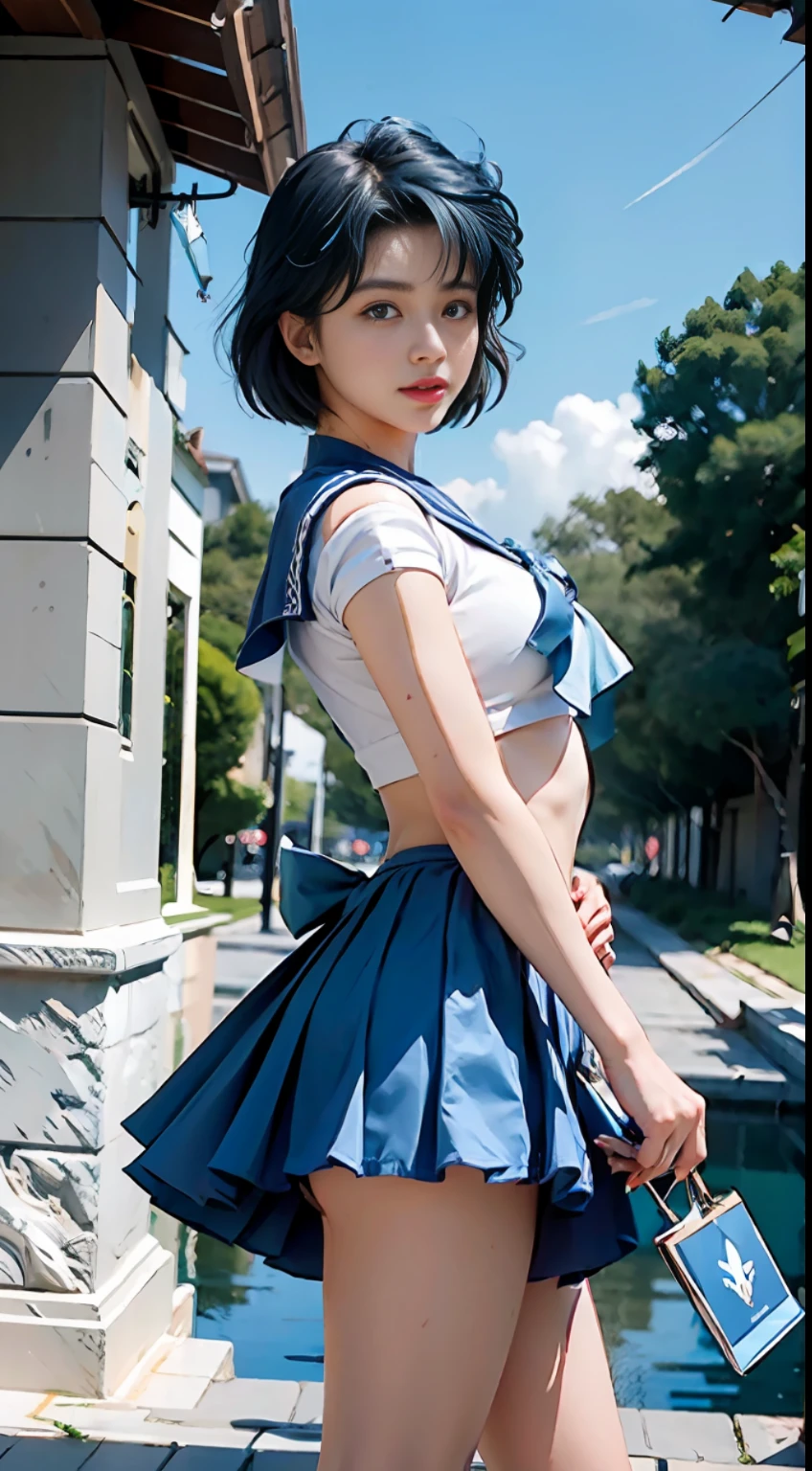 Best Quality, Masterpiece, Ultra High Resolution, (Realism: 2), Original Photo, A Twenty-Year-Old Girl, (Sailor Moon: 2.1) ((Ami Mizuno/Sailor Crystal, Sailor Mercury)), Charming Smile, Short Hair, Short Blue Hair, Vibrant Blue Eyes, Short Skirt, Looking at the Viewer, Mercury in the background, Dynamic Pose, OC Rendering, Water Splashing