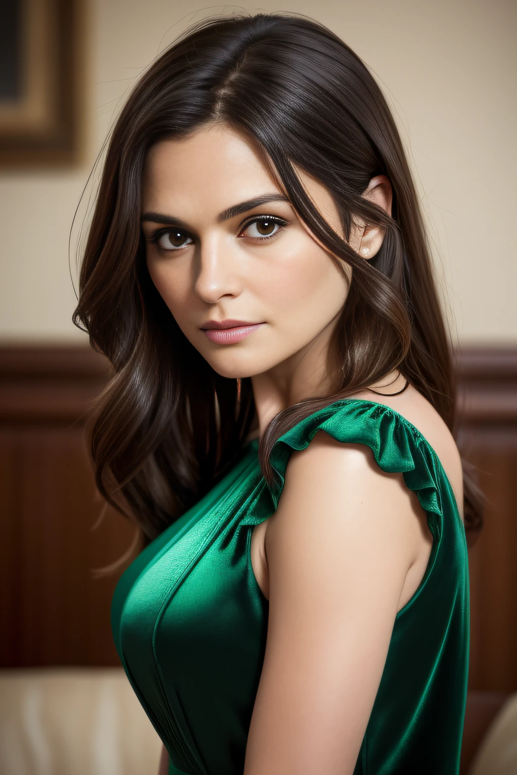 Brunette in green velvet dress. Forty year old woman, [[rachel bilson]], (Rachel Weisz), Jessica henwick, Kelly brook, [Elizabeth Hurley] , Penelope Cruz, Kelly Macdonald, Jessica Biel, ((chubby)), intricate, bright soft diffused light, detailed skin, detailed hair, realistic skin texture, pores, texture, detailed eyes, professional, 4k, shot on Canon, 35mm, shallow depth of field, max detail, roughness, real life, ultra realistic, photorealism, photography, glamour, natural shallow depth of field