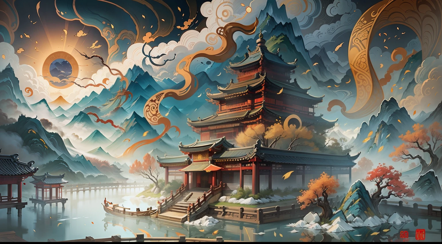 An ancient Chinese painting, ancient Chinese background, mountains, rivers, auspicious clouds, pavilions, sunshine, masterpieces, super detail, epic composition, ultra HD, high quality, extremely detailed, official art, unified 8k wallpaper, Super detail, 32k -- v 6