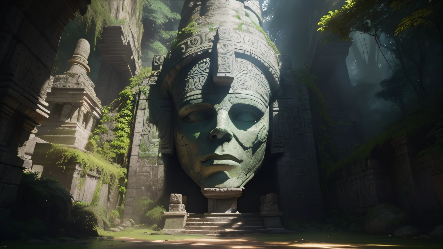 a close up of a statue in a cave with a light coming from it, in a movie still cinematic, mayan temple in the jungle, nvidia promotional image, mossy overgrowth, the temple of truth is white, tombs, face shown, 2 d cg, ancient tree, huge statues