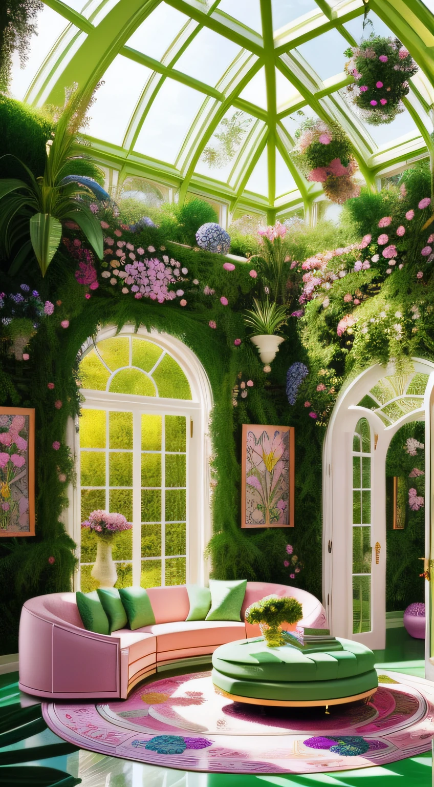 Architectural digest photo of a maximalist green solar living room with lots of flowers and plants, golden light, hyperrealistic surrealism, award winning masterpiece with incredible details, epic stunning pink surrounding and round corners, big windows, art space, green house walls