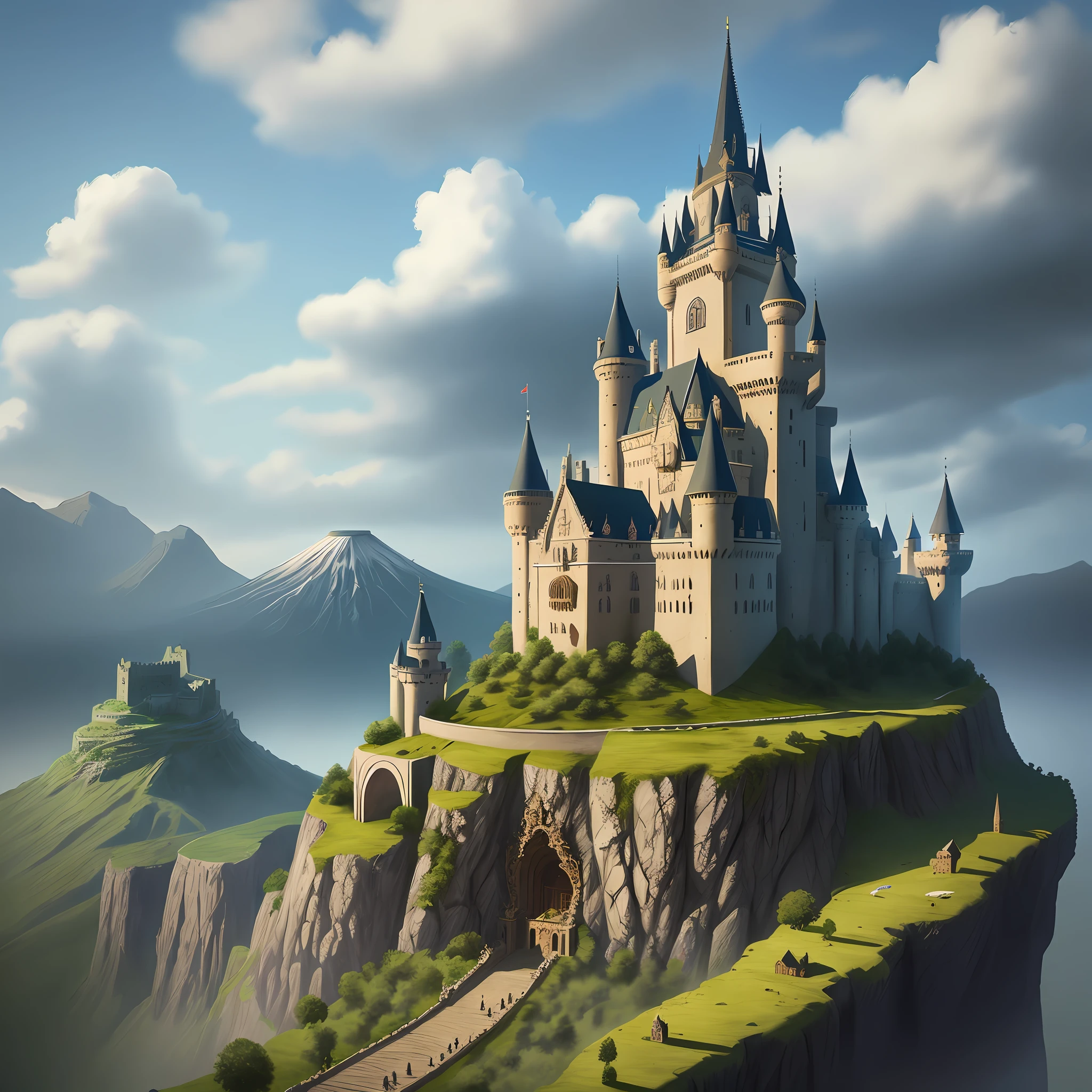 Drawing, fantasy, realism, high detail, castle standing on a volcano, sleeping dragon, 8kk
