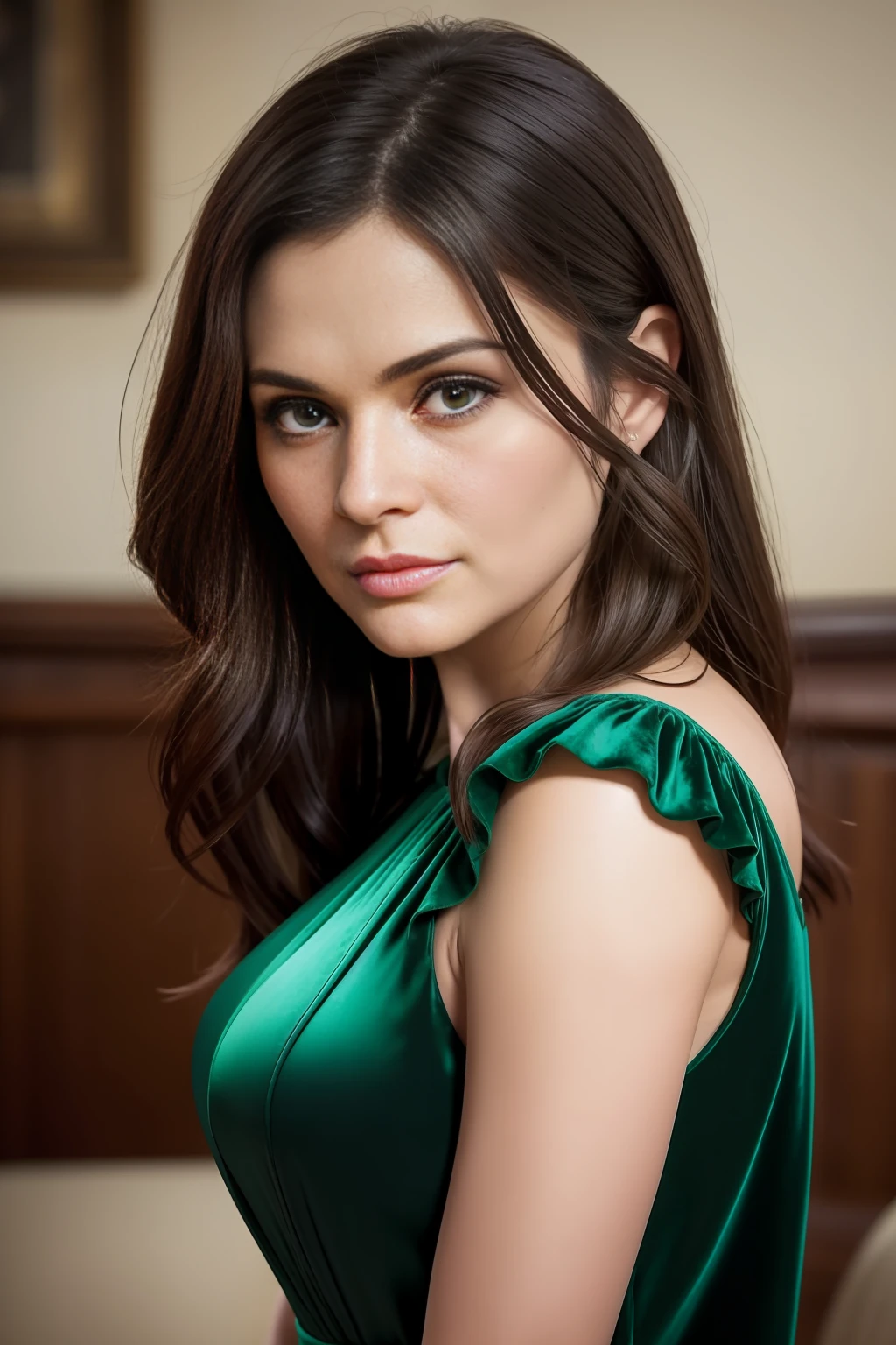 Forty year old brunette in green velvet dress. [[rachel bilson]], (Rachel Weisz), Jessica henwick, Kelly brook, [Elizabeth Hurley] , Penelope Cruz, Kelly Macdonald, Jessica Biel, ((chubby)), intricate, bright soft diffused light, detailed skin, detailed hair, realistic skin texture, pores, texture, detailed eyes, professional, 4k, shot on Canon, 35mm, shallow depth of field, max detail, roughness, real life, ultra realistic, photorealism, photography, glamour, natural shallow depth of field