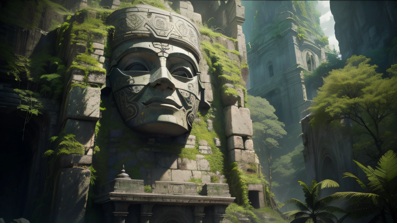 there is a stone face in the middle of a mountain, unreal maya, highly detailed in 4 k ”, giant majestic archways, relic, freddy mamani silvestre facade, 2 0 2 1 cinematic 4 k framegrab, by Pieter de Grebber, secret overgrown temple, concept art-h 640, ( ( mask ) ), inca, props containing trees