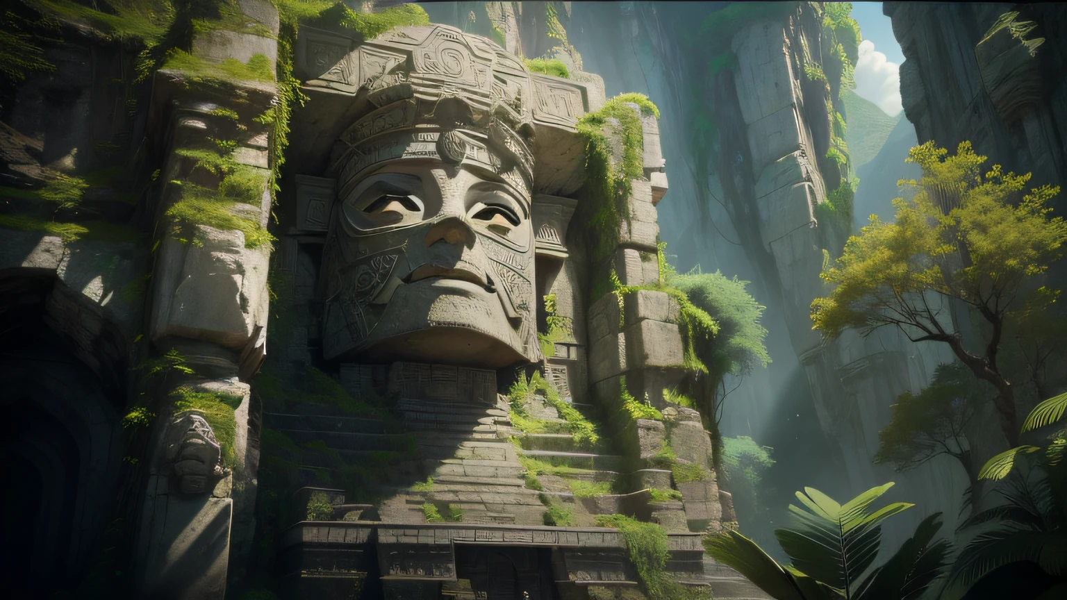 there is a stone face in the middle of a mountain, unreal maya, highly detailed in 4 k ”, giant majestic archways, relic, freddy mamani silvestre facade, 2 0 2 1 cinematic 4 k framegrab, by Pieter de Grebber, secret overgrown temple, concept art-h 640, ( ( mask ) ), inca, props containing trees