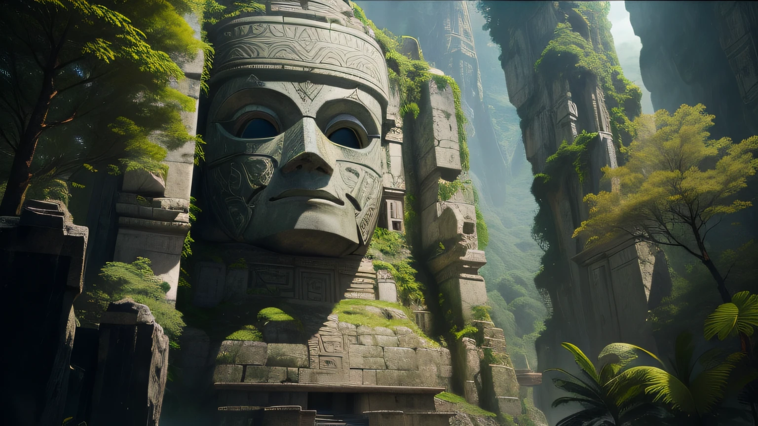 there is a stone face in the middle of a mountain, unreal maya, highly detailed in 4 k ”, giant majestic archways, relic, freddy mamani silvestre facade, 2 0 2 1 cinematic 4 k framegrab, by Pieter de Grebber, secret overgrown temple, concept art-h 640, ( ( mask ) ), inca, props containing trees