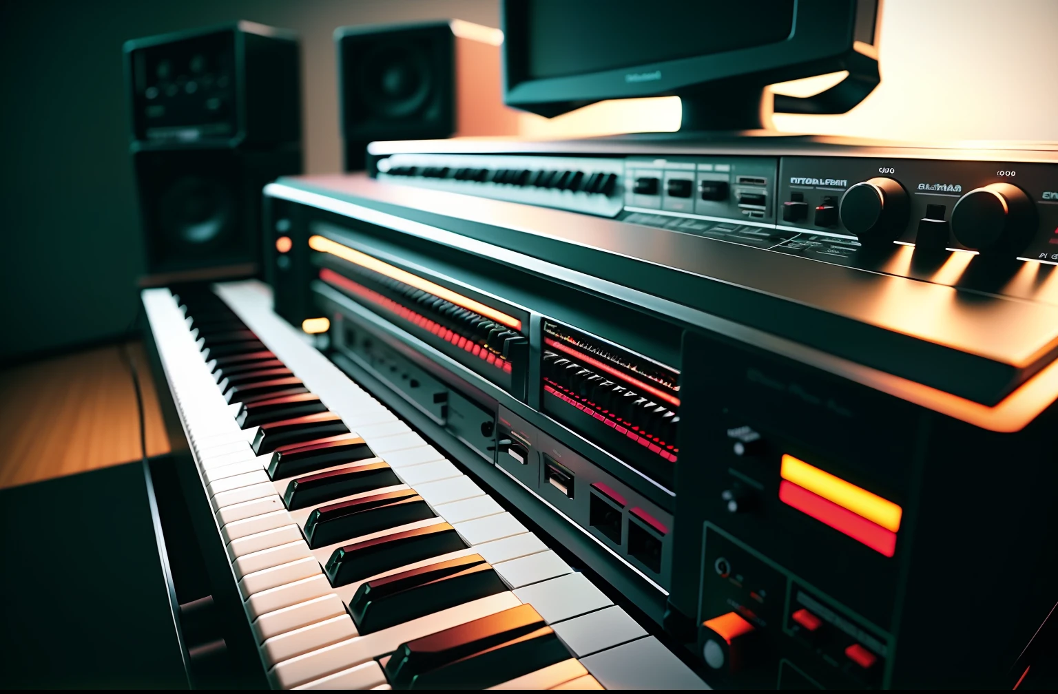 a close up of a close up of a musical instrument, 1 9 8 0 s tech, roland, from the 8 0 s, late 80's, tape deck, synthesizers, photo from the 80s, 80s nostalgia, synthesizer, synth, retro and 1 9 8 0 s style, vintage electronics, 80s retro, 4K, back light, volumetric light, depth of field, ambient occlusion, masterpiece