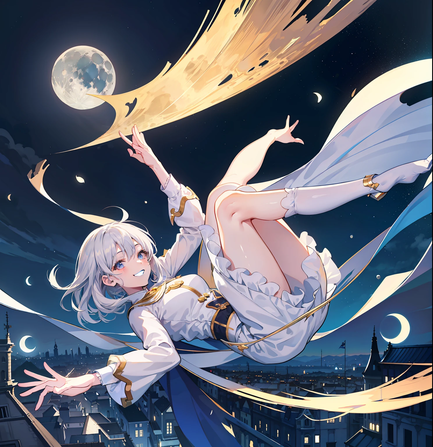 (8k, top quality, masterpiece: 1.2), (realistic, realistic: 1.37), super detailed, a girl, solo, cute, beautiful detailed sky, (smile: 1.2), (grin), beautiful detail eyes, floating hair, stockings, full body, street, skinny, bloomers, open legs, thighs real, (((moon)))