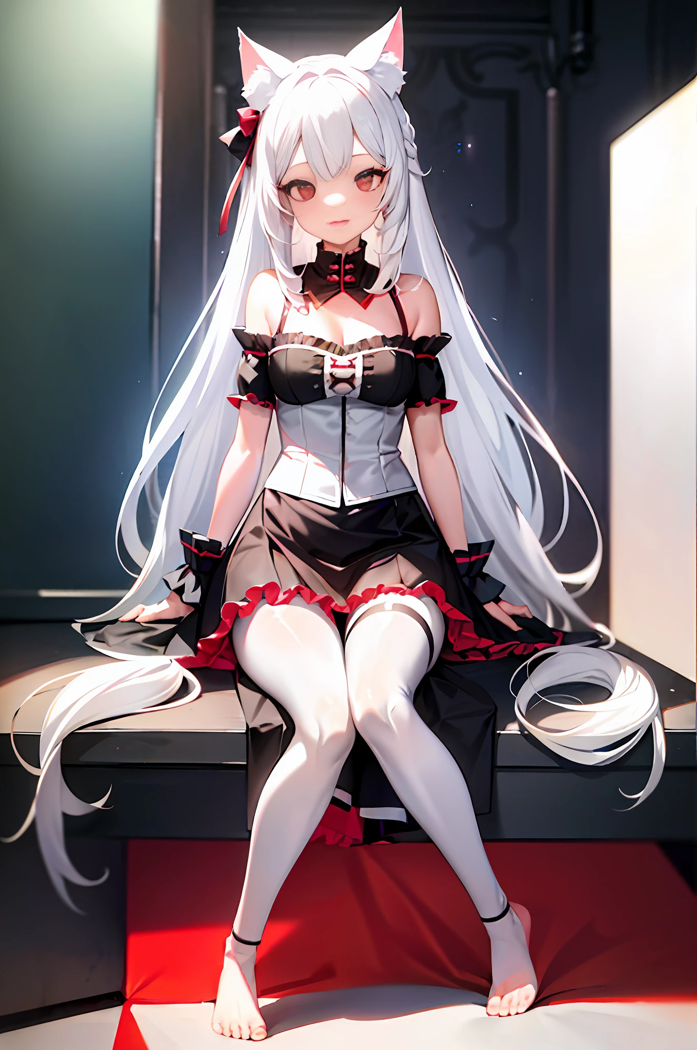 Cat ears, white hair, girly, red eyes, huge details, 8k, , barefoot