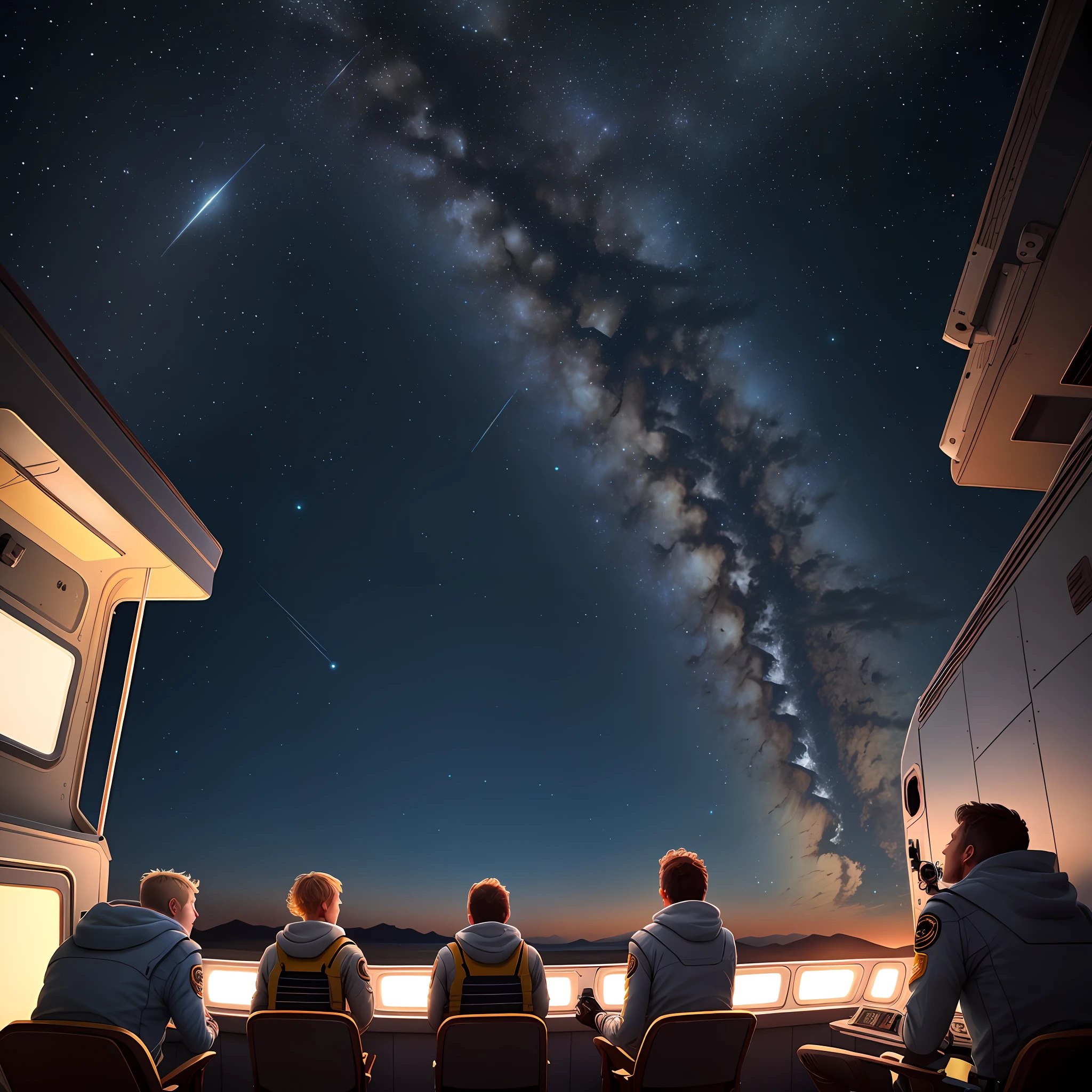 A crew looking up at the stars on the deck of the spaceship