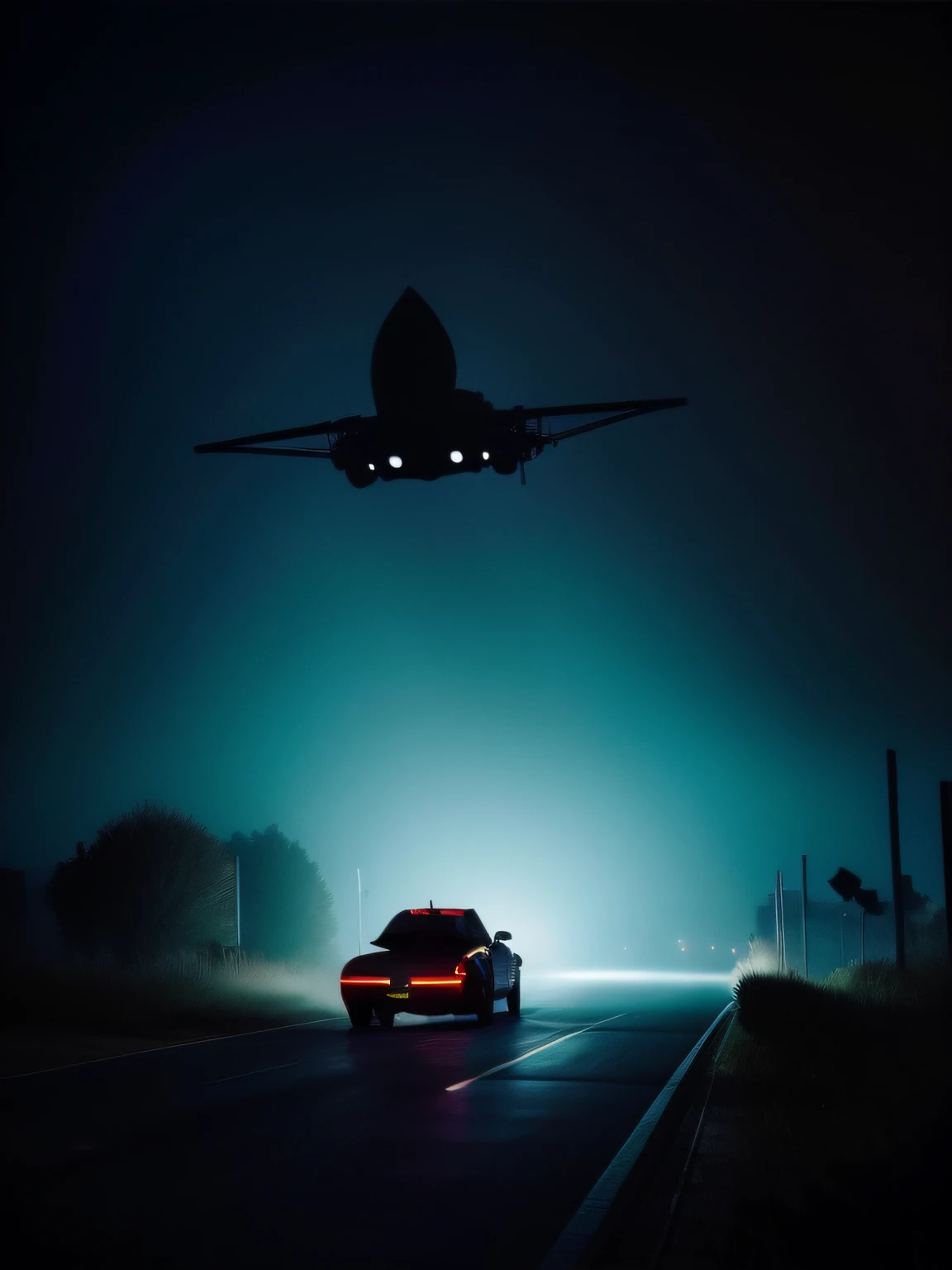 An alien ship flying over an empty, dark road, the dark side of the road, strange ship silhouette, sinister suspense aesthetic!!!!, dark strange photograph, dark strange photo, very detailed black Ferrari, detailed Ferrari interior lighting, Ferrari convertible