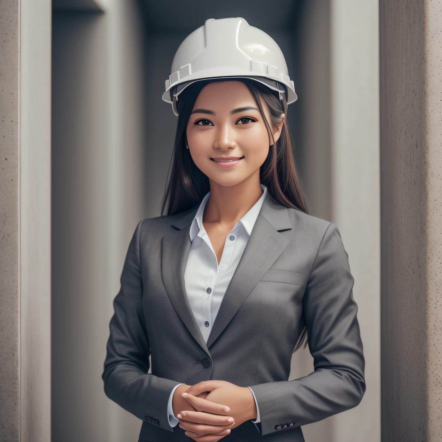 A smiling youth, wearing a dark gray suit + shirt, standing in a neat office, wearing a hard hat, holding hands, standing gracefully, white skin, full of confidence, beauty, 4 teeth, 30 years old, happy, full body portrait, 4k, high resolution, masterpiece, best quality, clear focus, (cinema lights), shirt, [:( facial detail: 1.2:0.2], ultra high resolution, (realistic: 1.4), high resolution, detailed, raw photo, sharp, by lee jeffries Nikon D850 Film Stock Photo 4 Kodak Portra 400 Camera F1.6 Lens rich colors, ultra-realistic, lifelike textures, dramatic lighting --auto --s2
