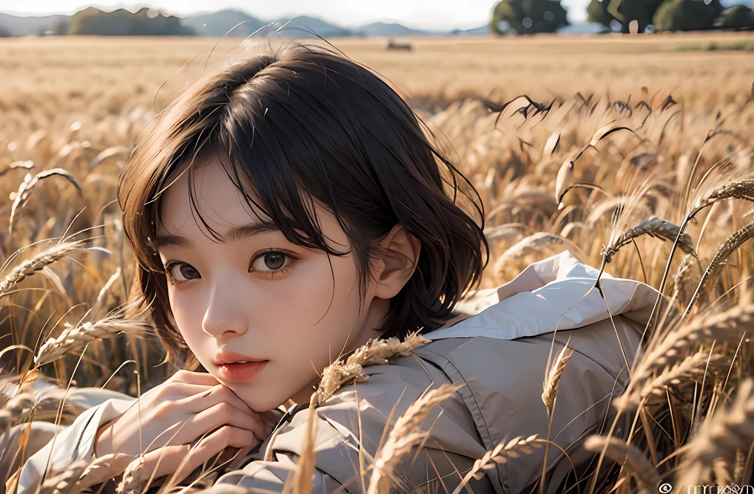 A girl with short hair lies in a wheat field sky, sunset --auto --s2