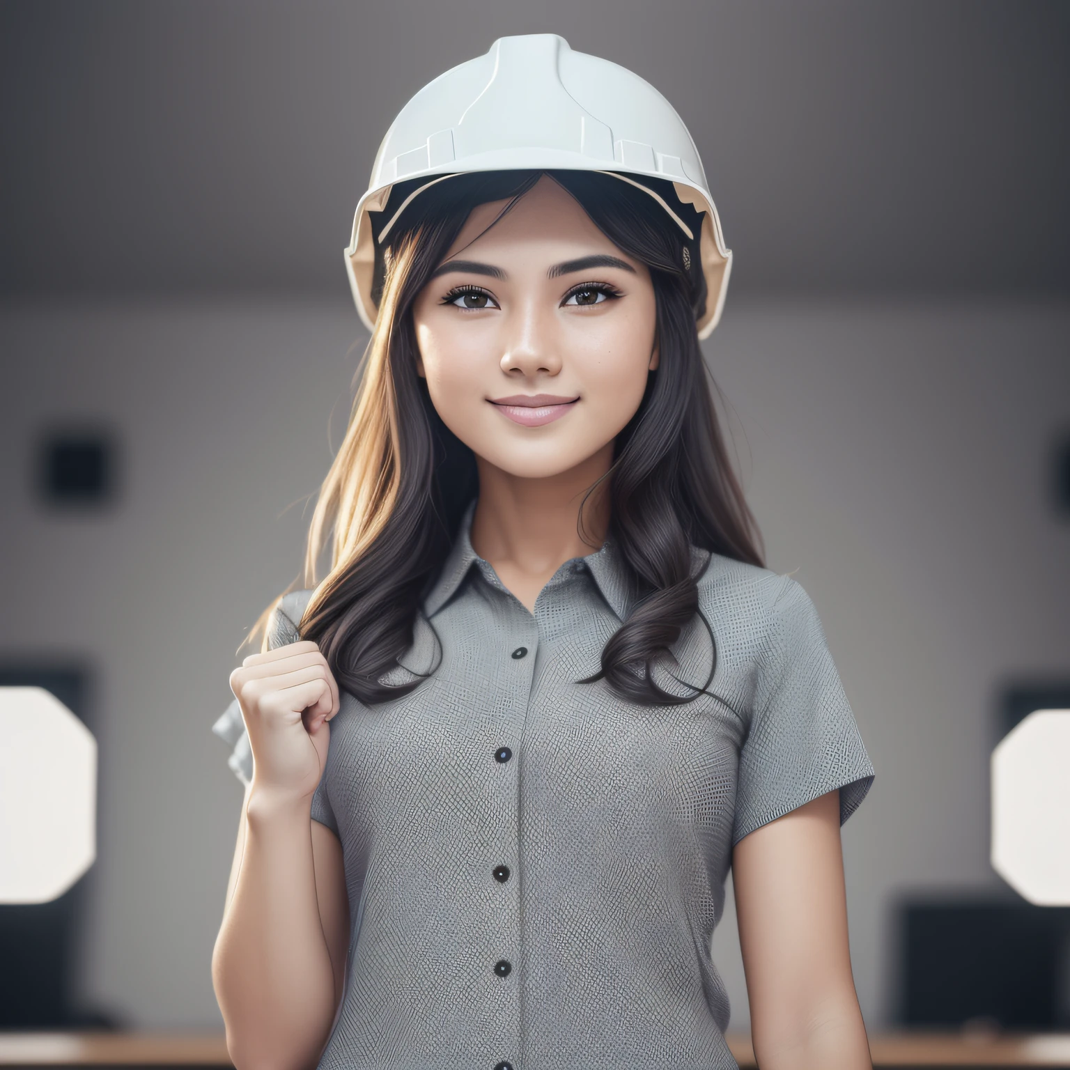 A smiling youth, wearing a dark gray suit + shirt, standing in a neat office, wearing a hard hat, holding hands, standing gracefully, white skin, full of confidence, beauty, 4 teeth, 30 years old, happy, full body portrait, 4k, high resolution, masterpiece, best quality, clear focus, (cinema lights), shirt, [:( facial detail: 1.2:0.2], ultra high resolution, (realistic: 1.4), high resolution, detailed, raw photo, sharp, by lee jeffries Nikon D850 Film Stock Photo 4 Kodak Portra 400 Camera F1.6 Lens rich colors, ultra-realistic, lifelike textures, dramatic lighting --auto --s2